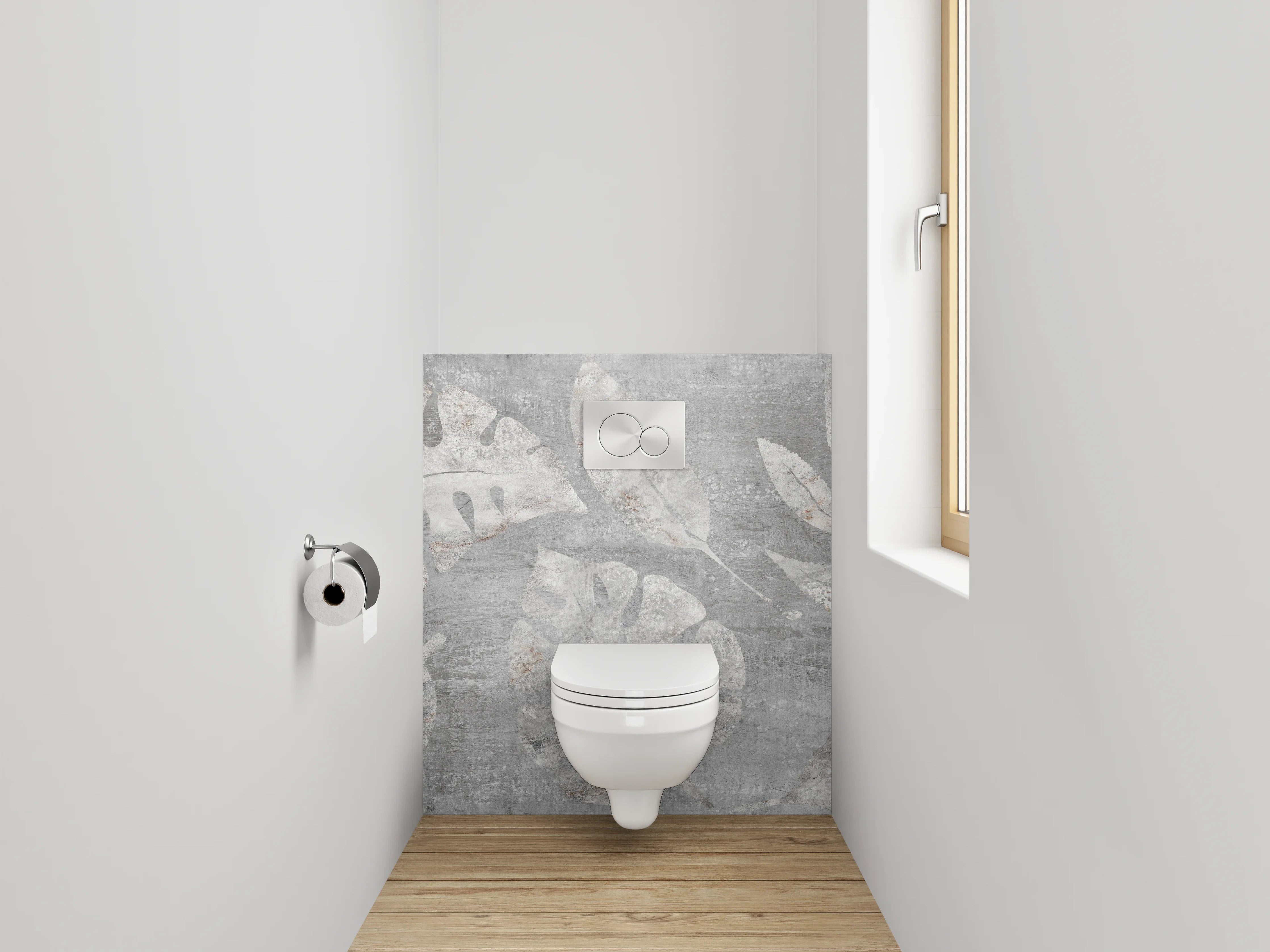 WC-Rückwand - Graues Blätter-Design auf Betonoptik