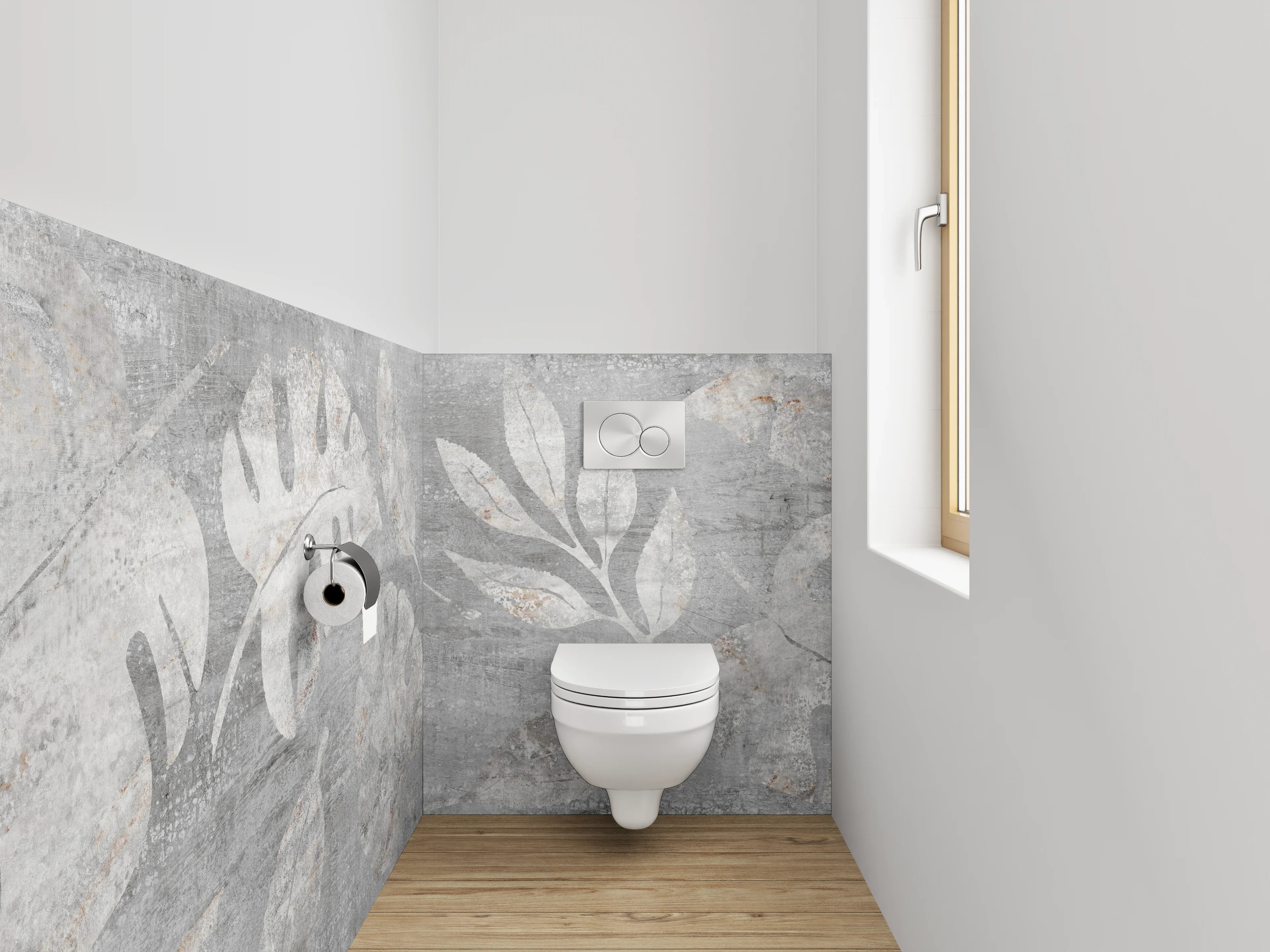 WC-Rückwand - Graues Blätter-Design auf Betonoptik