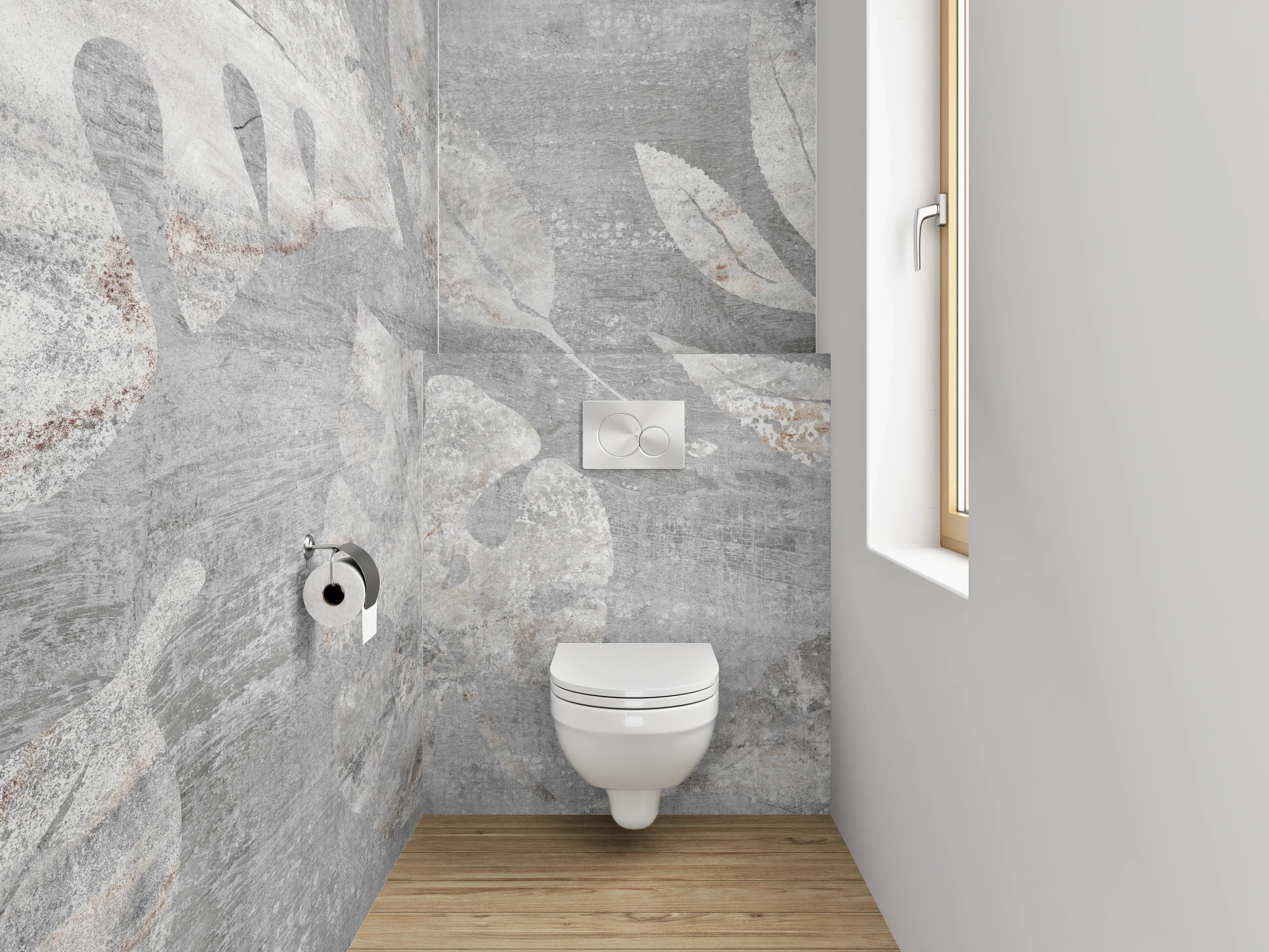 WC-Rückwand - Graues Blätter-Design auf Betonoptik