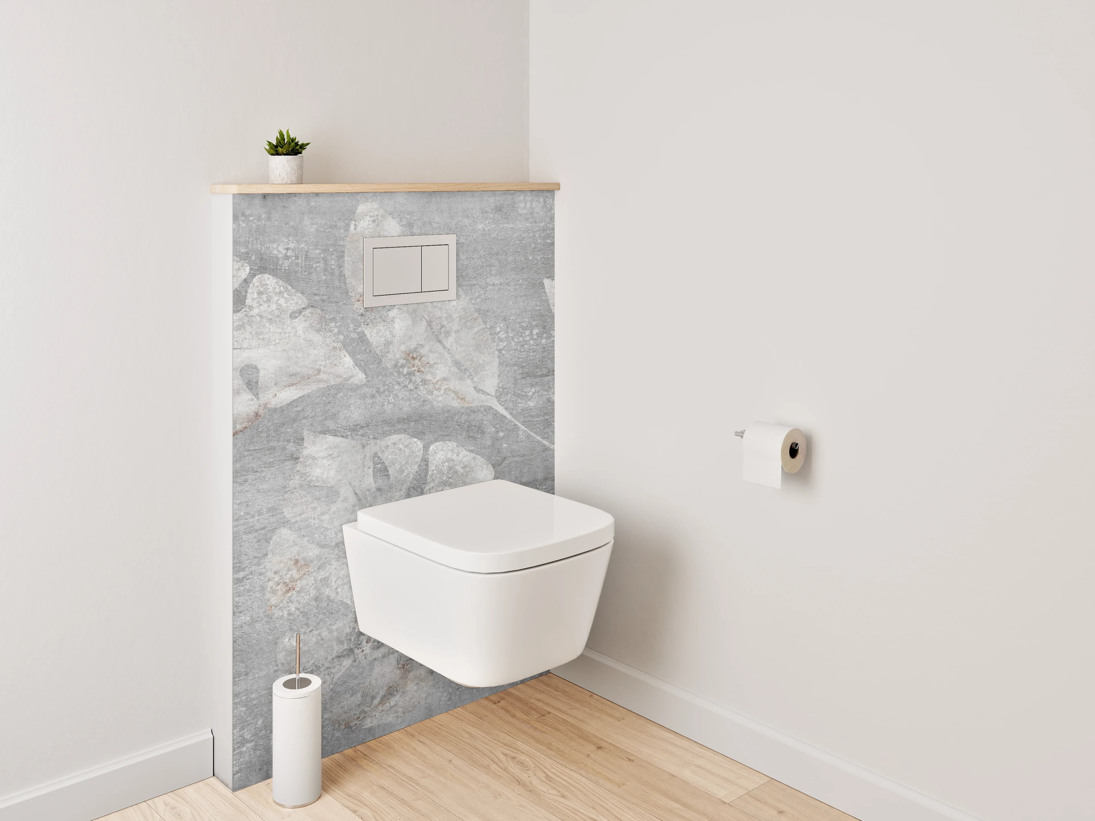 WC-Rückwand - Graues Blätter-Design auf Betonoptik