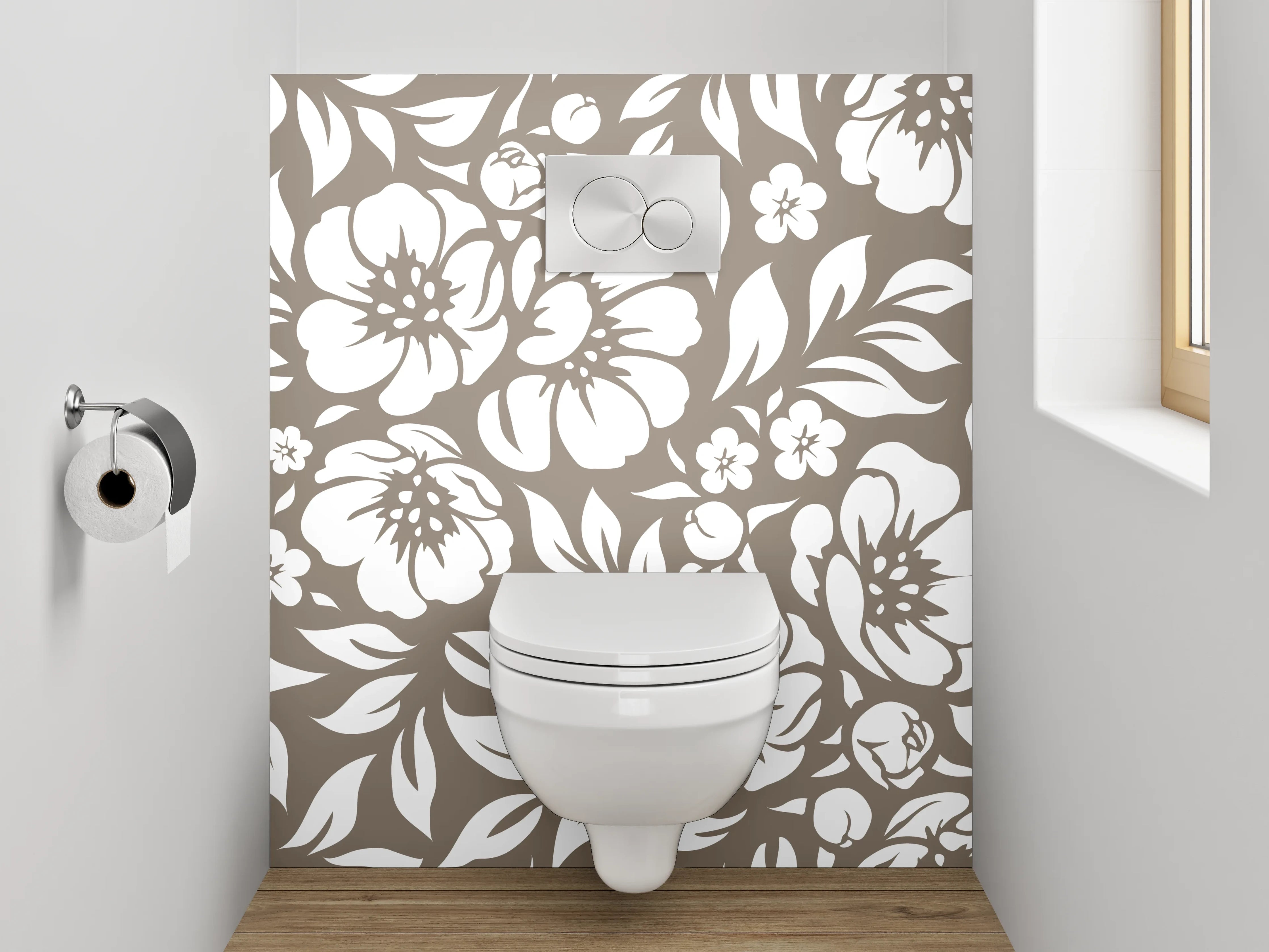 WC-Rückwand - Graues Blumenmuster in Braun und Weiß