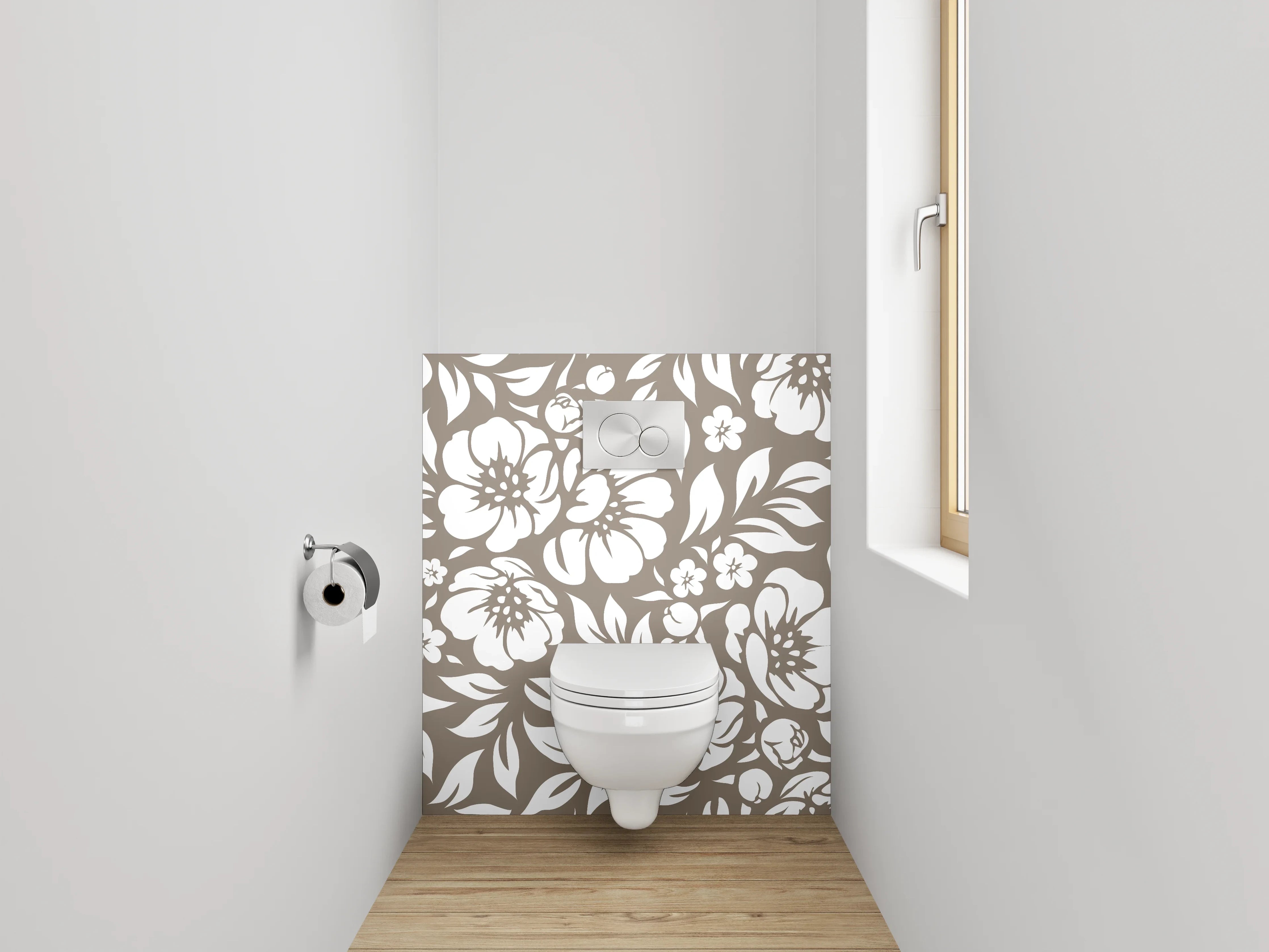 WC-Rückwand - Graues Blumenmuster in Braun und Weiß