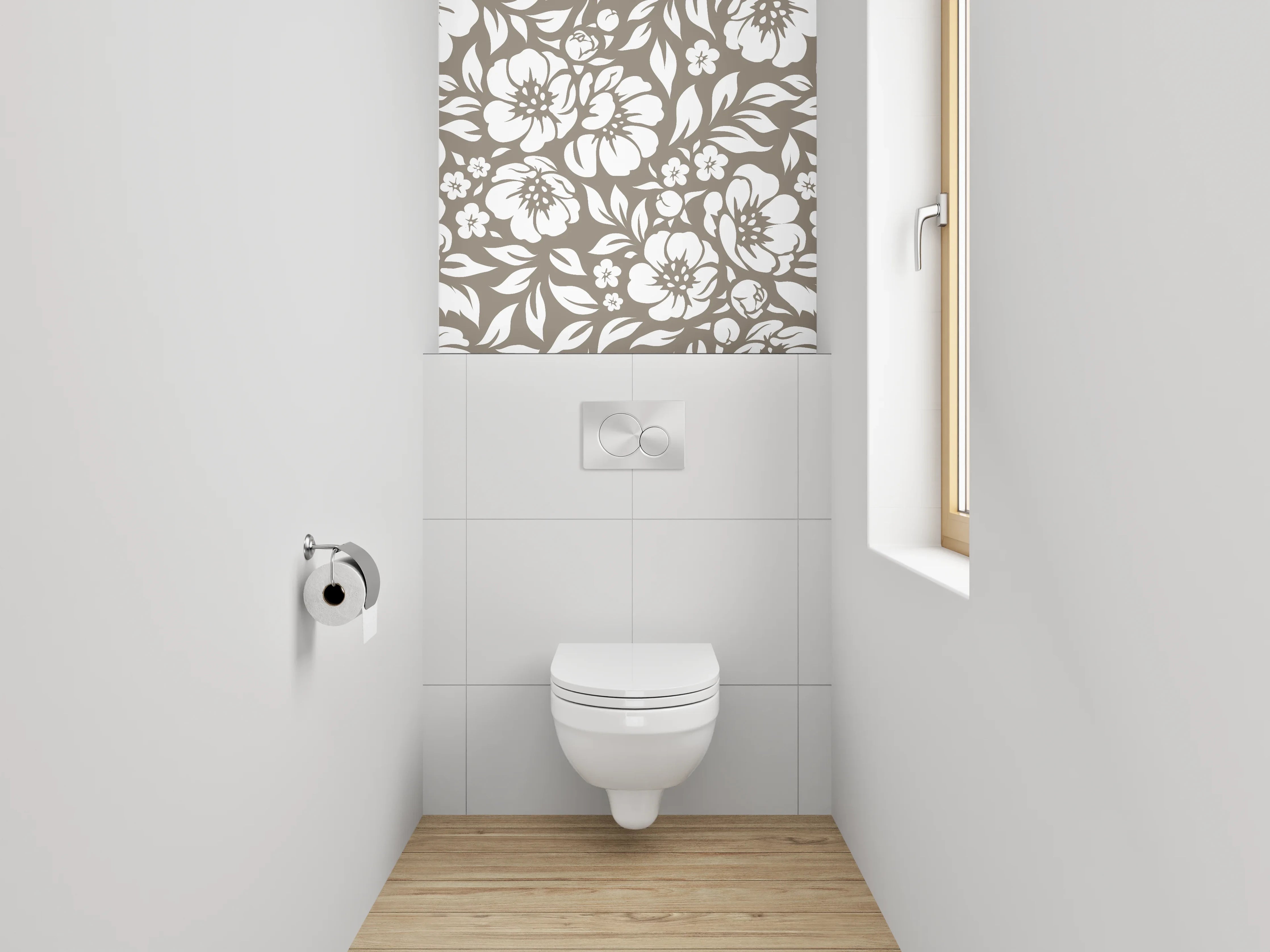WC-Rückwand - Graues Blumenmuster in Braun und Weiß
