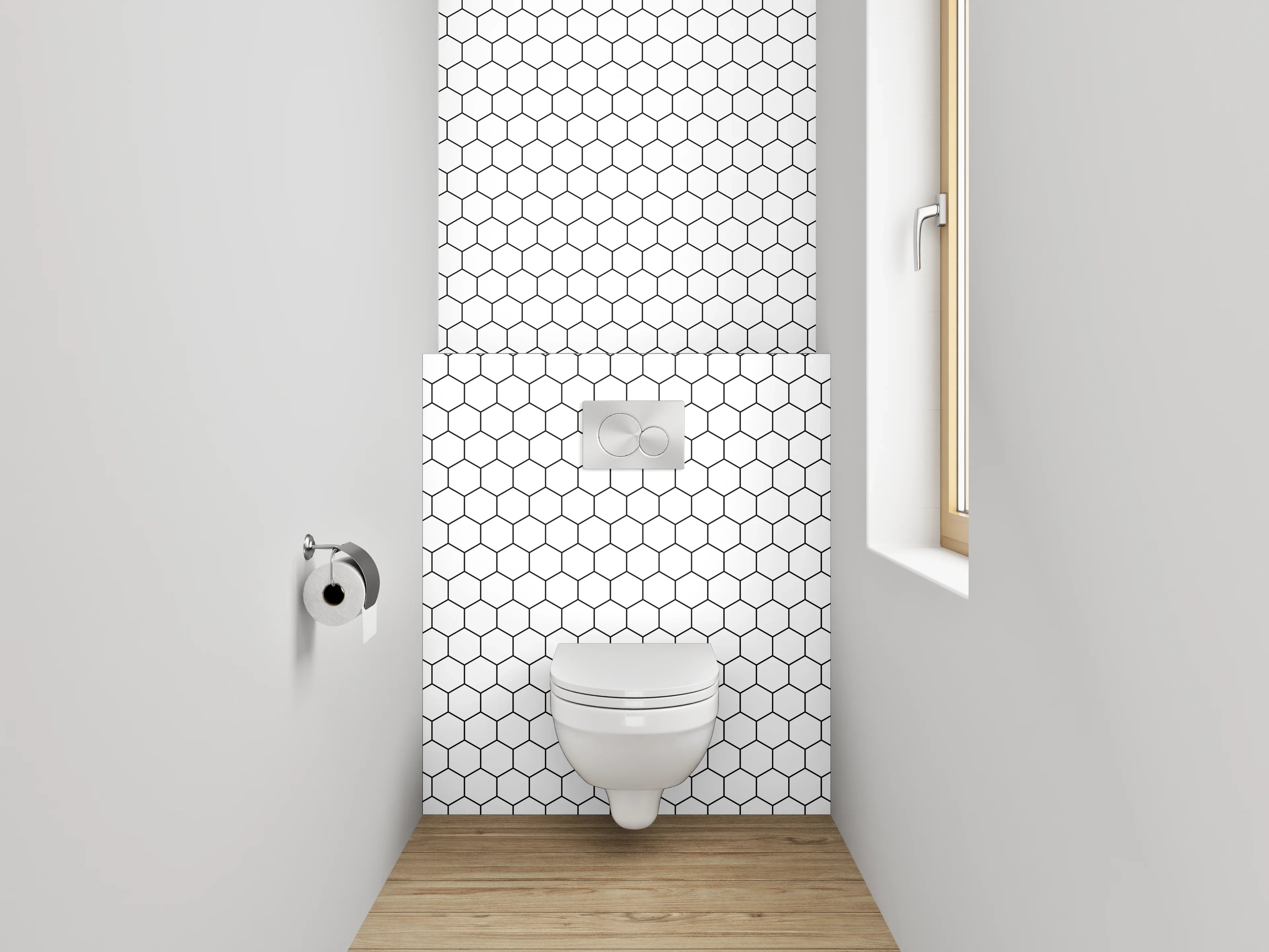 WC-Rückwand - Graues Hexagonspiel auf Weiß