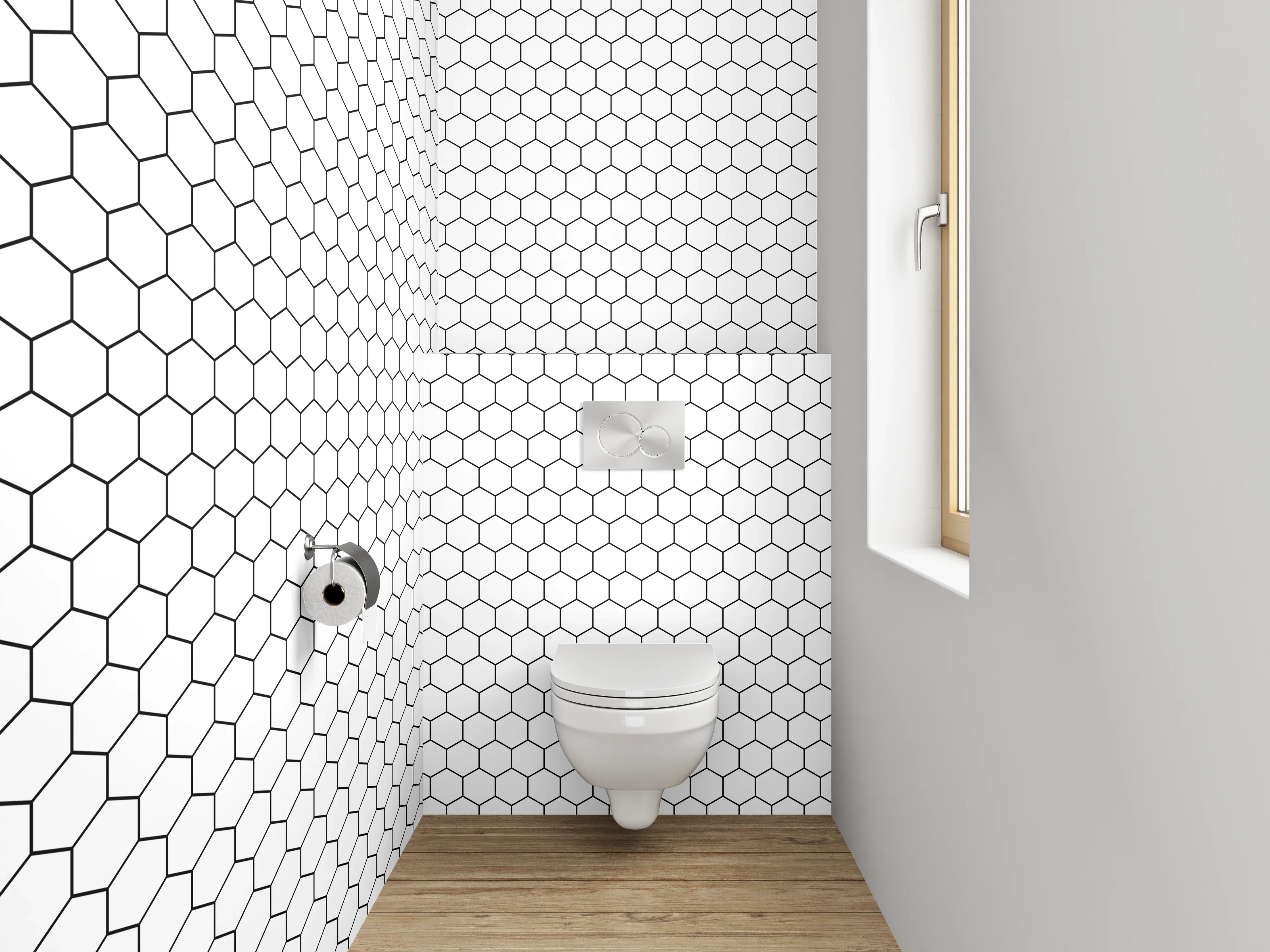 WC-Rückwand - Graues Hexagonspiel auf Weiß