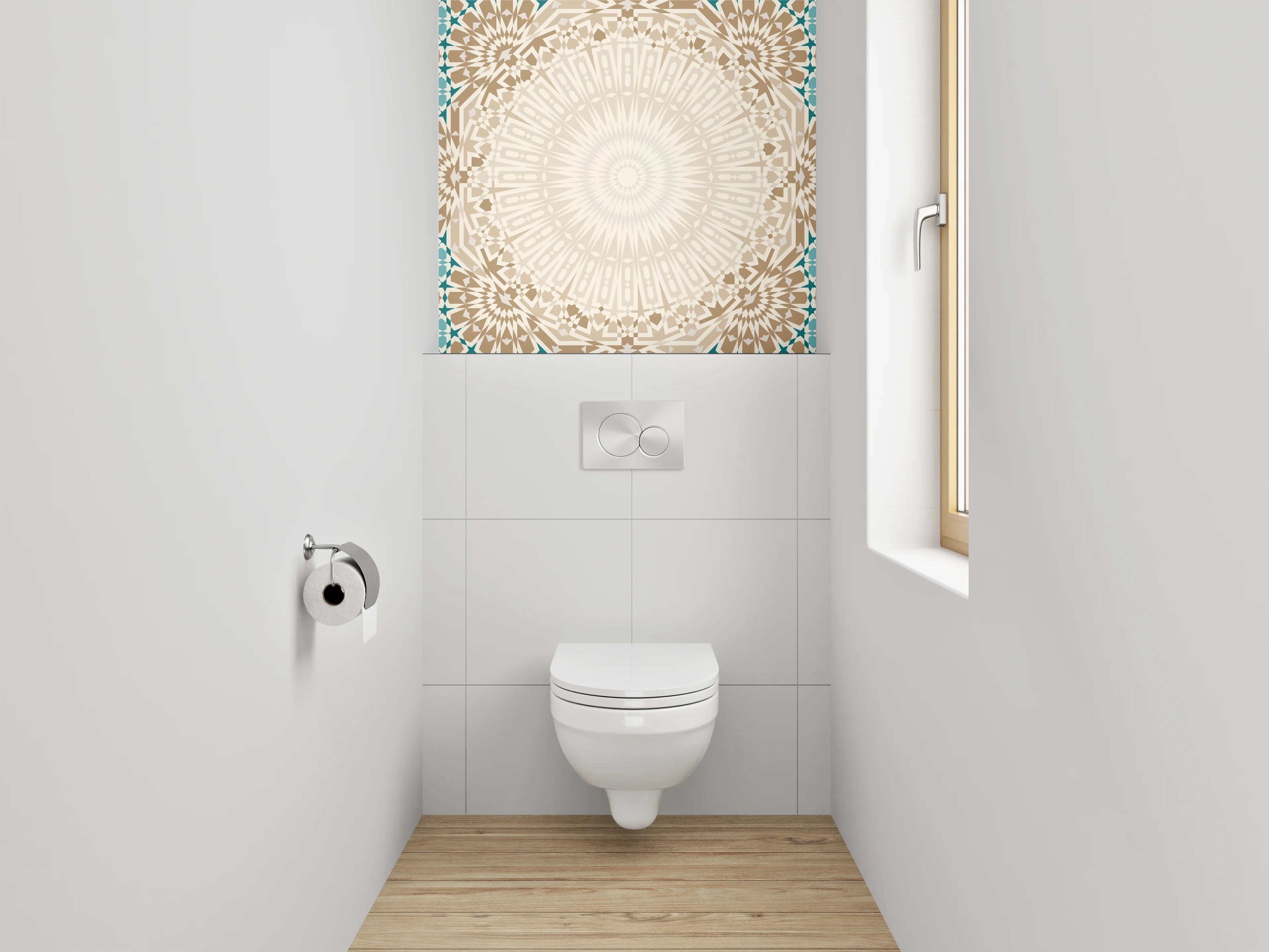 WC-Rückwand - Graues Mandala-Mosaik auf Weiß