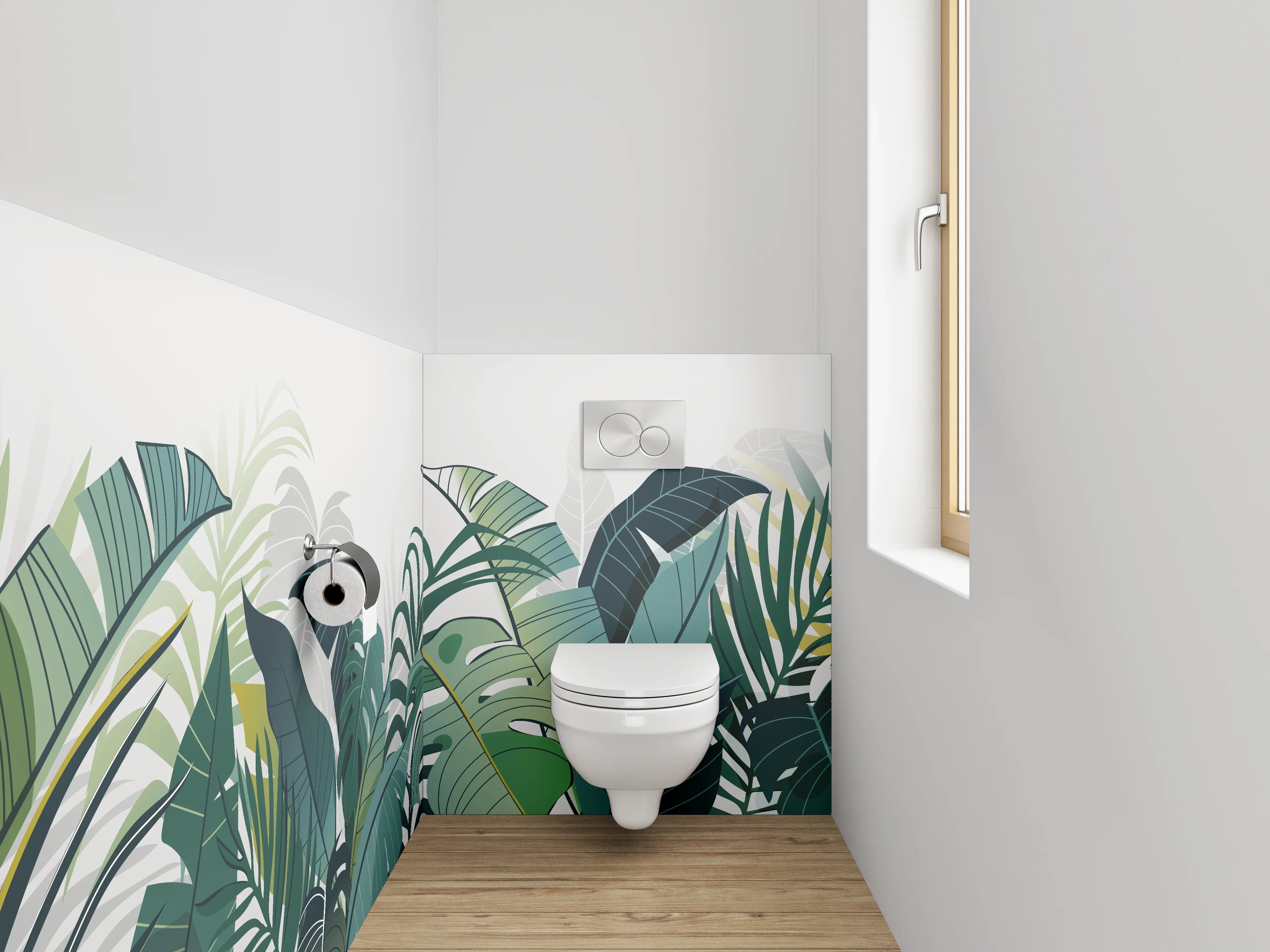 WC-Rückwand - Graugrüne Tropenblätter auf Weiß