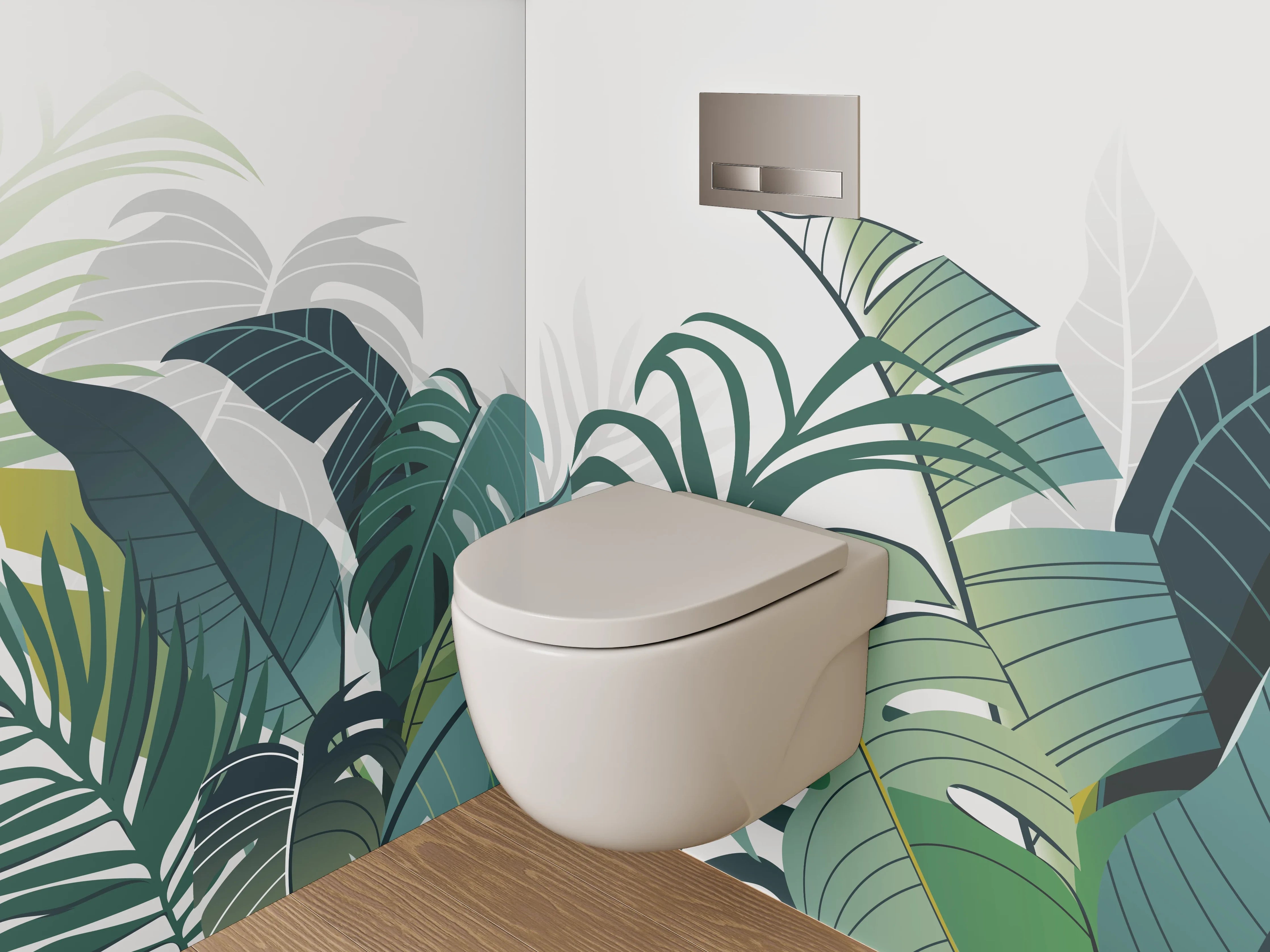 WC-Rückwand - Graugrüne Tropenblätter auf Weiß