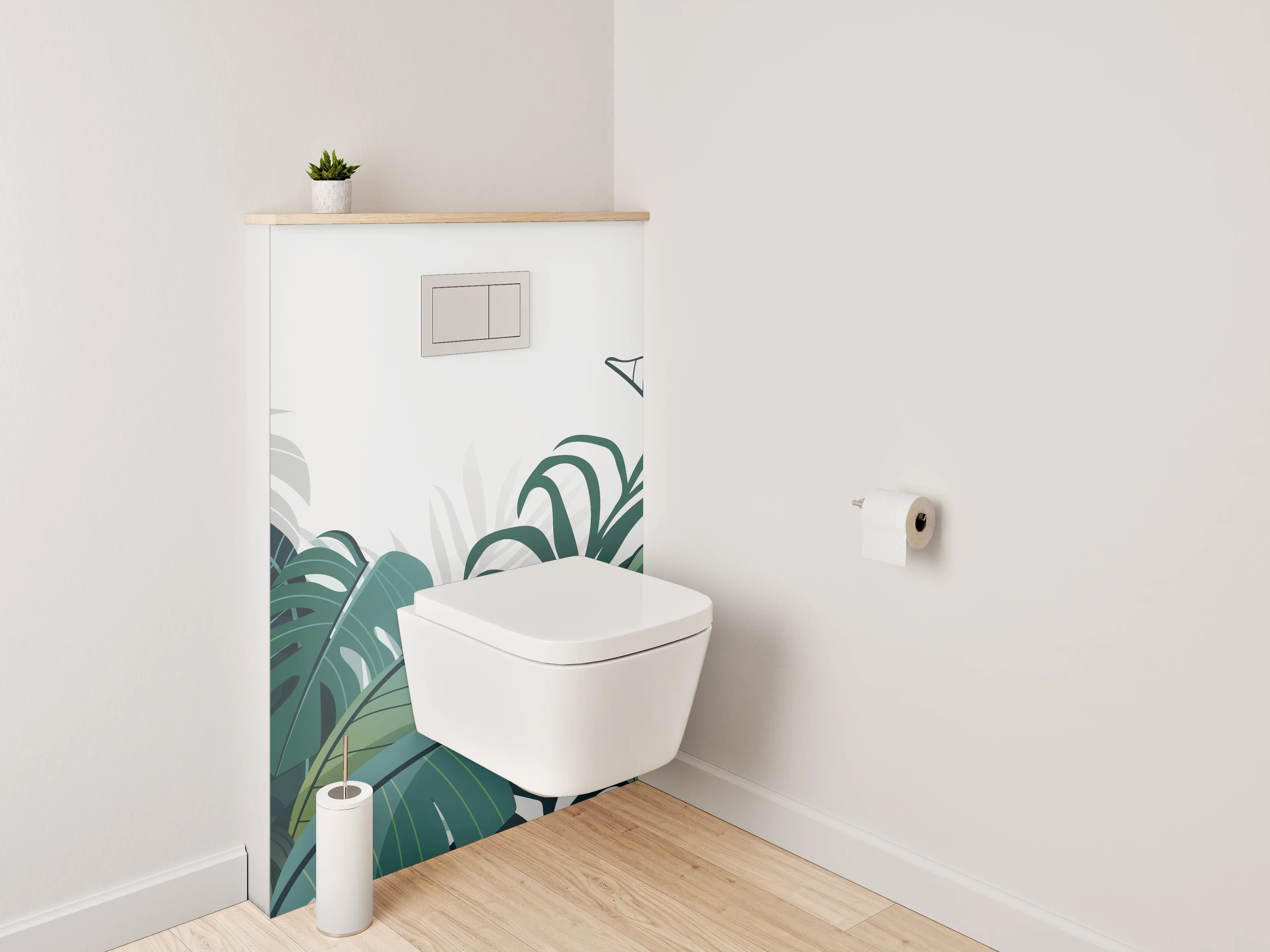 WC-Rückwand - Graugrüne Tropenblätter auf Weiß