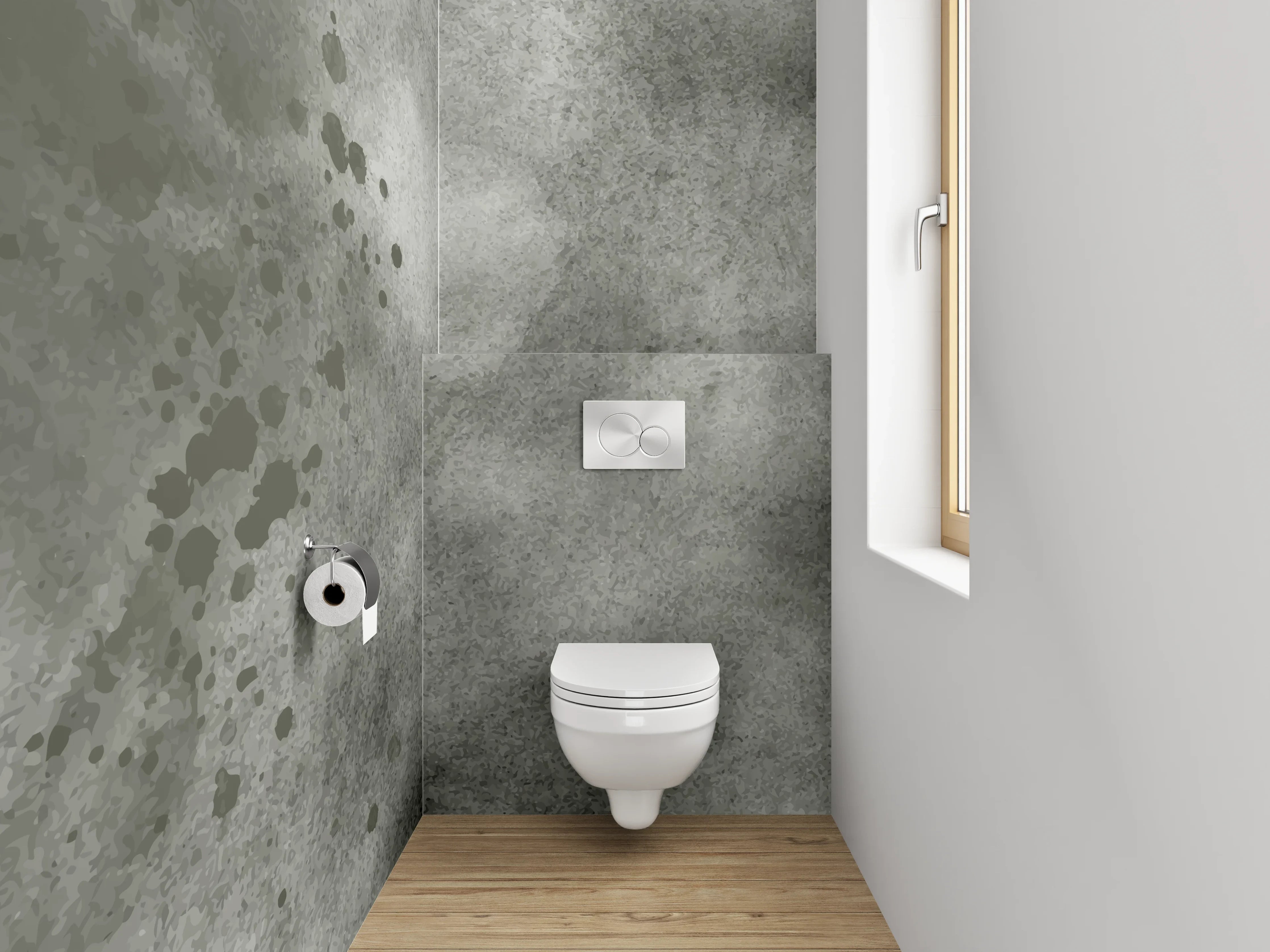 WC-Rückwand - Grauschattierte Weißformen im Dialog