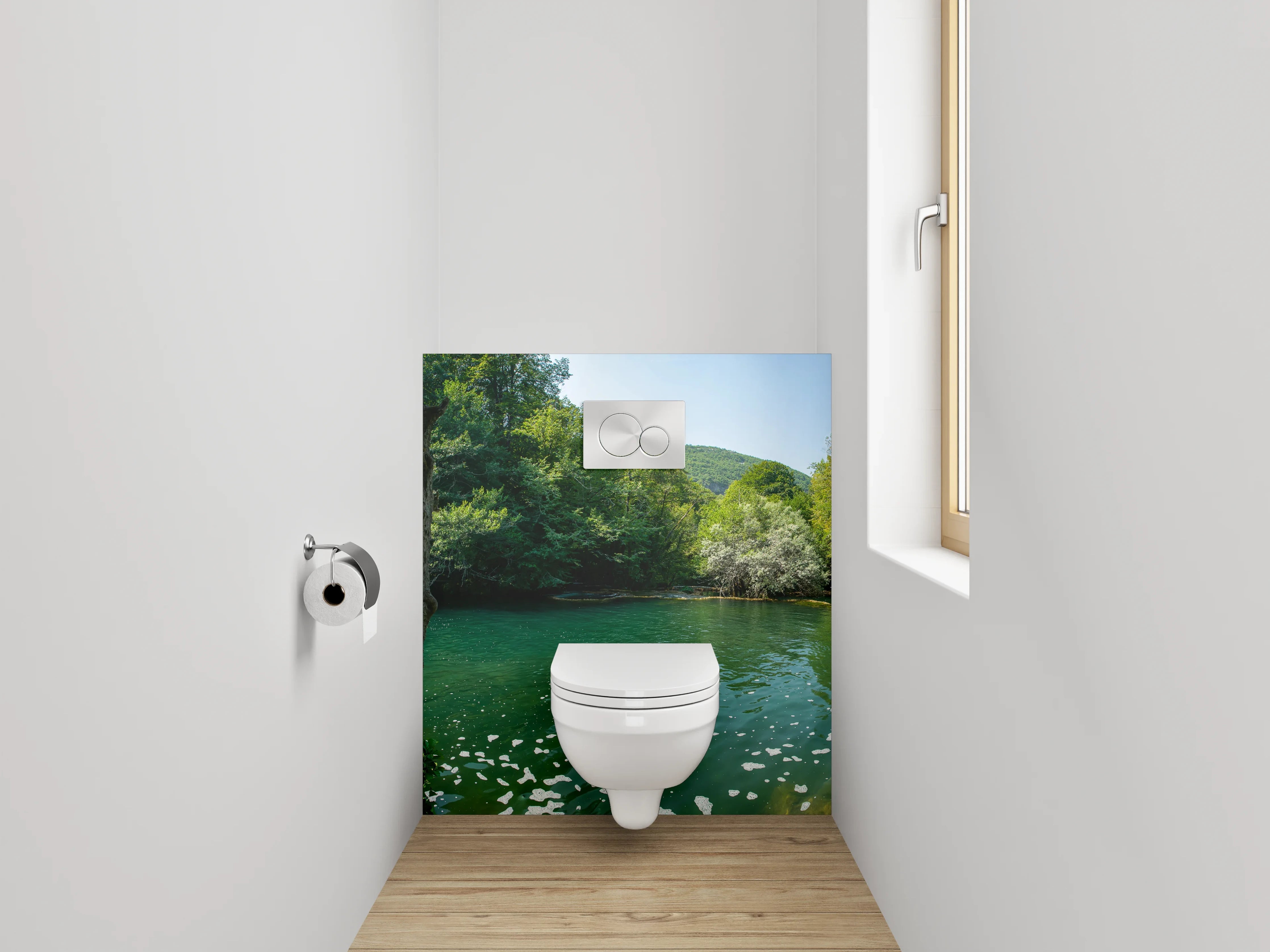WC-Rückwand - Grauschimmer am weißen Waldbach