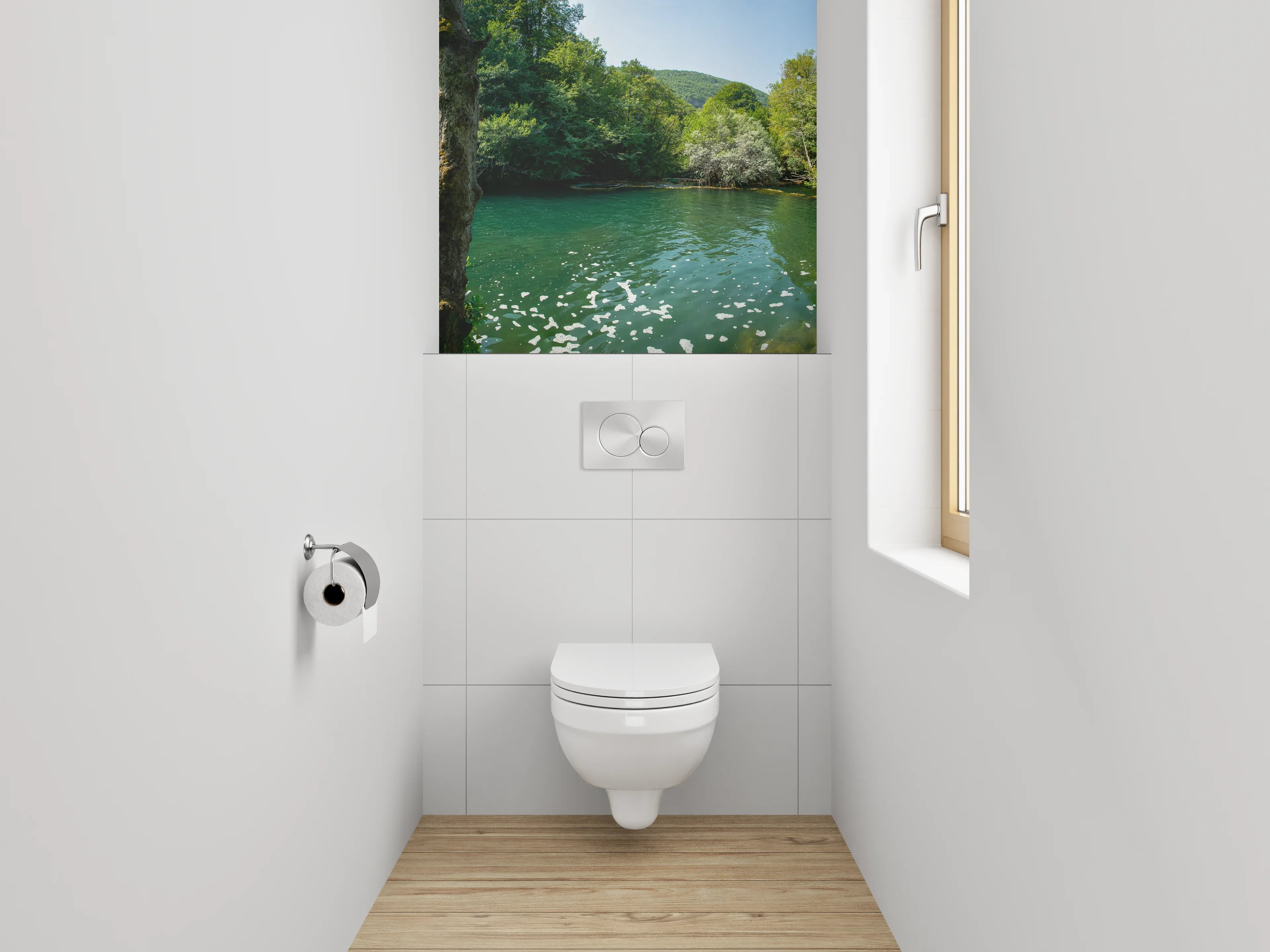 WC-Rückwand - Grauschimmer am weißen Waldbach