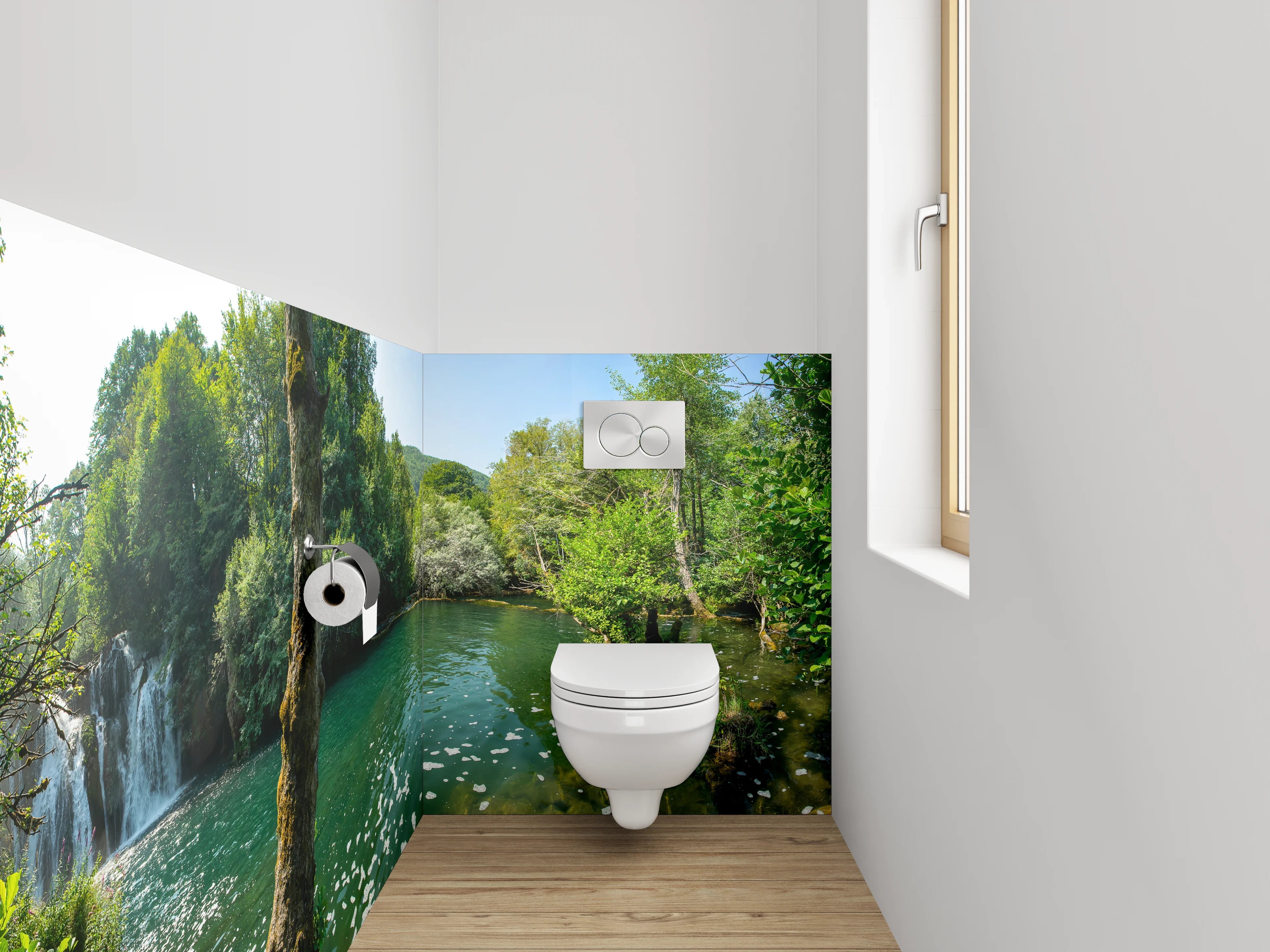 WC-Rückwand - Grauschimmer am weißen Waldbach