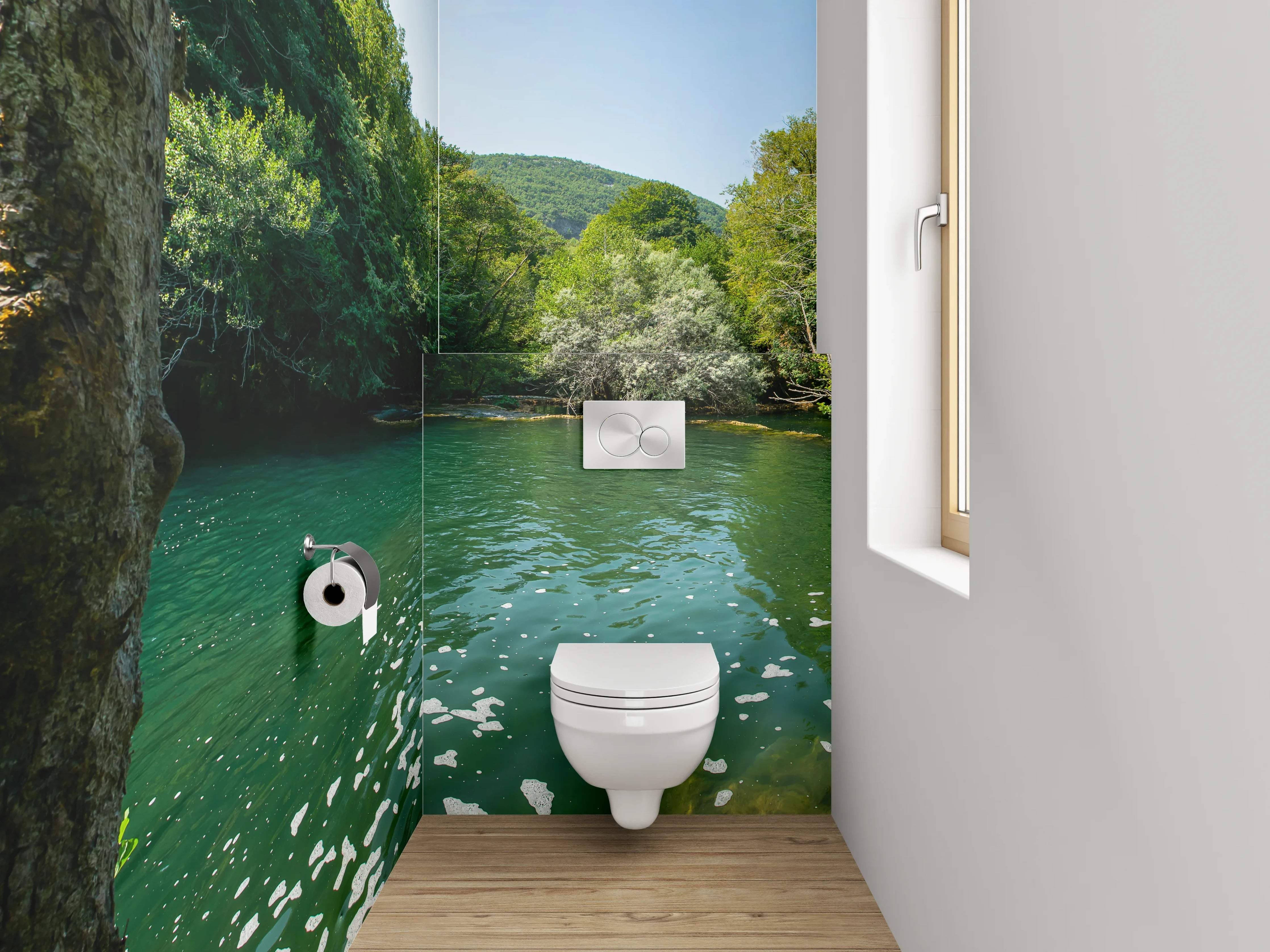 WC-Rückwand - Grauschimmer am weißen Waldbach