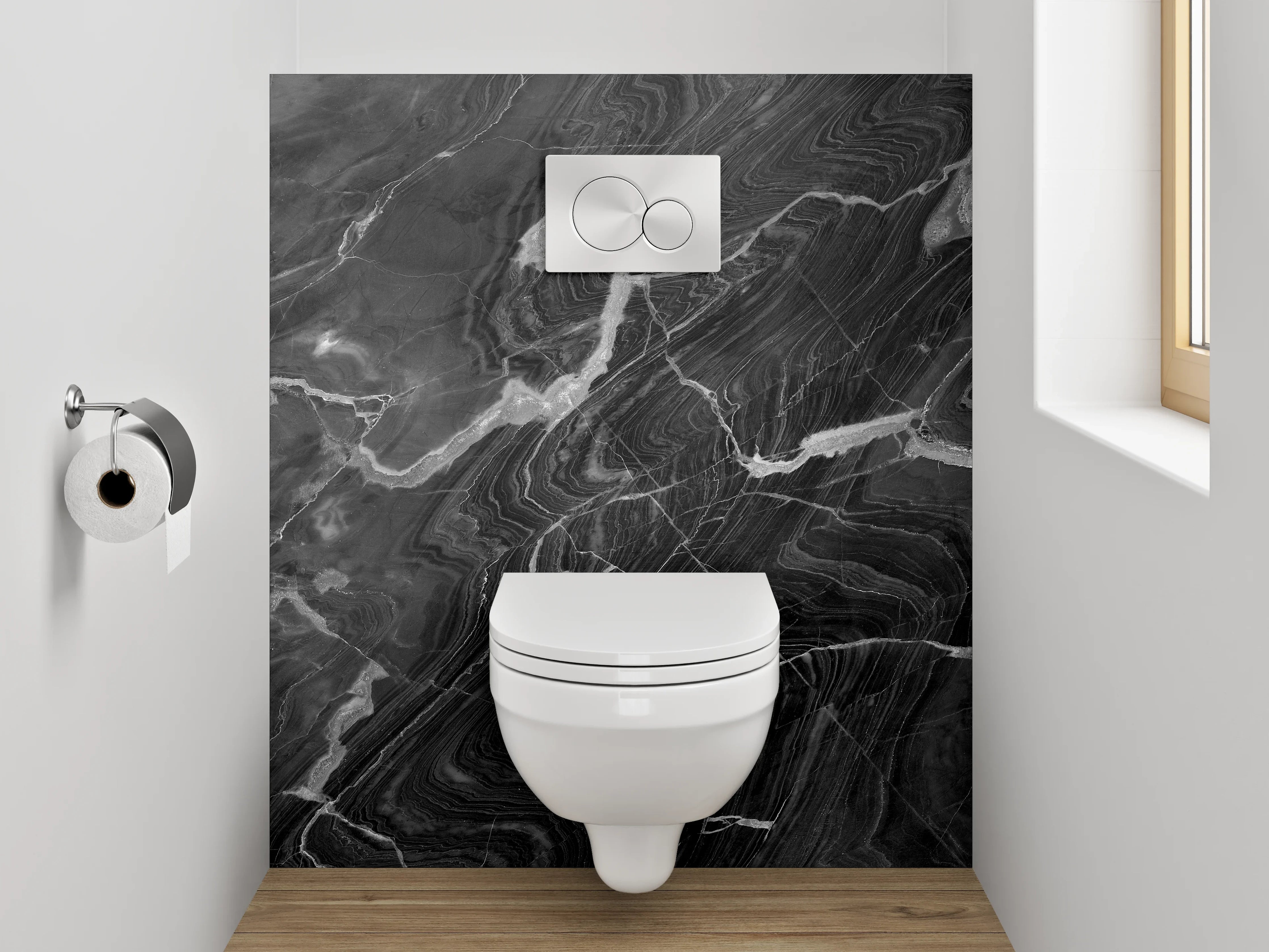 WC-Rückwand - Grauschimmer auf Weiß: Marmorpoesie