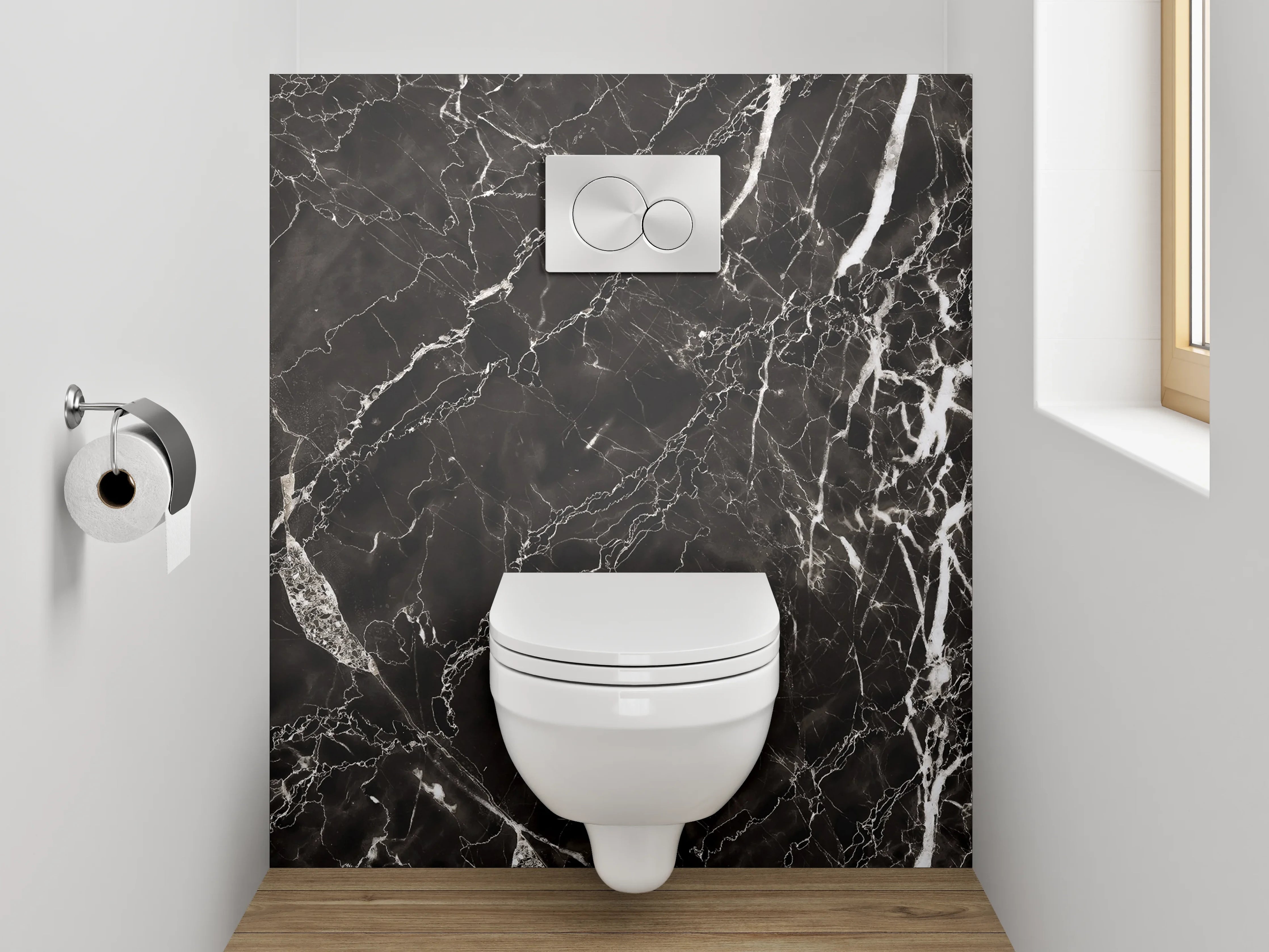 WC-Rückwand - Grauschimmer auf weißgeädertem Stein