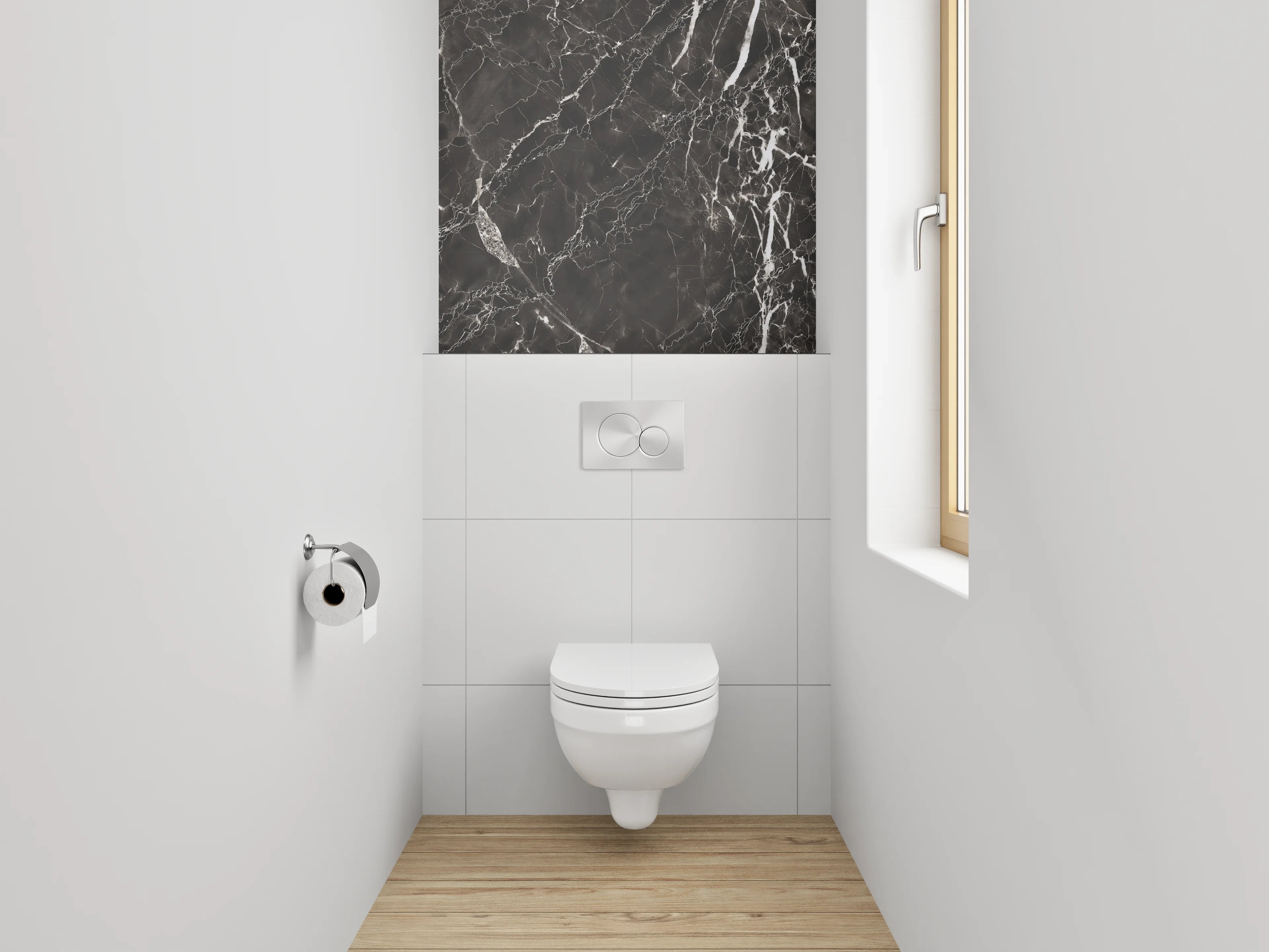 WC-Rückwand - Grauschimmer auf weißgeädertem Stein