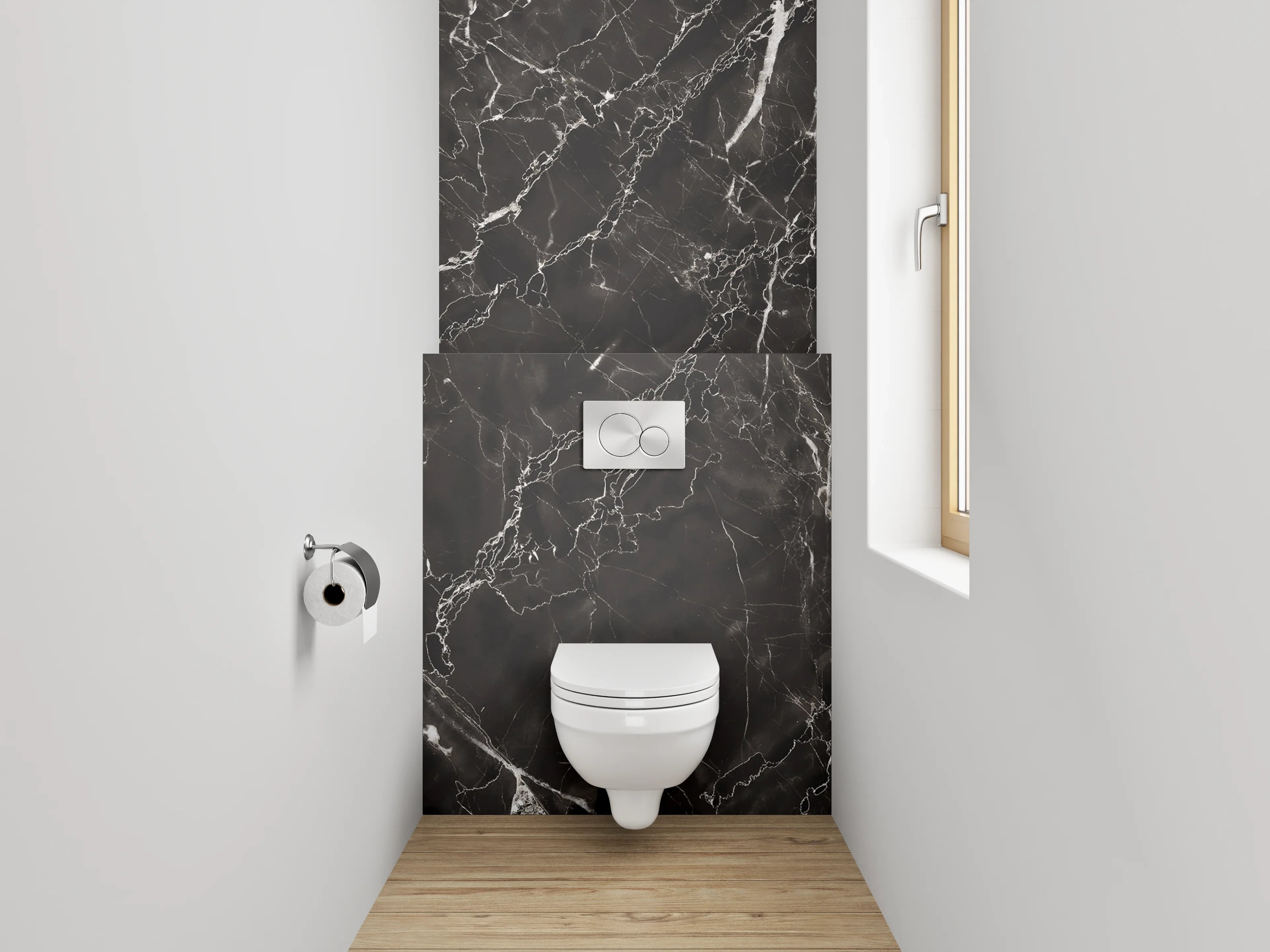 WC-Rückwand - Grauschimmer auf weißgeädertem Stein