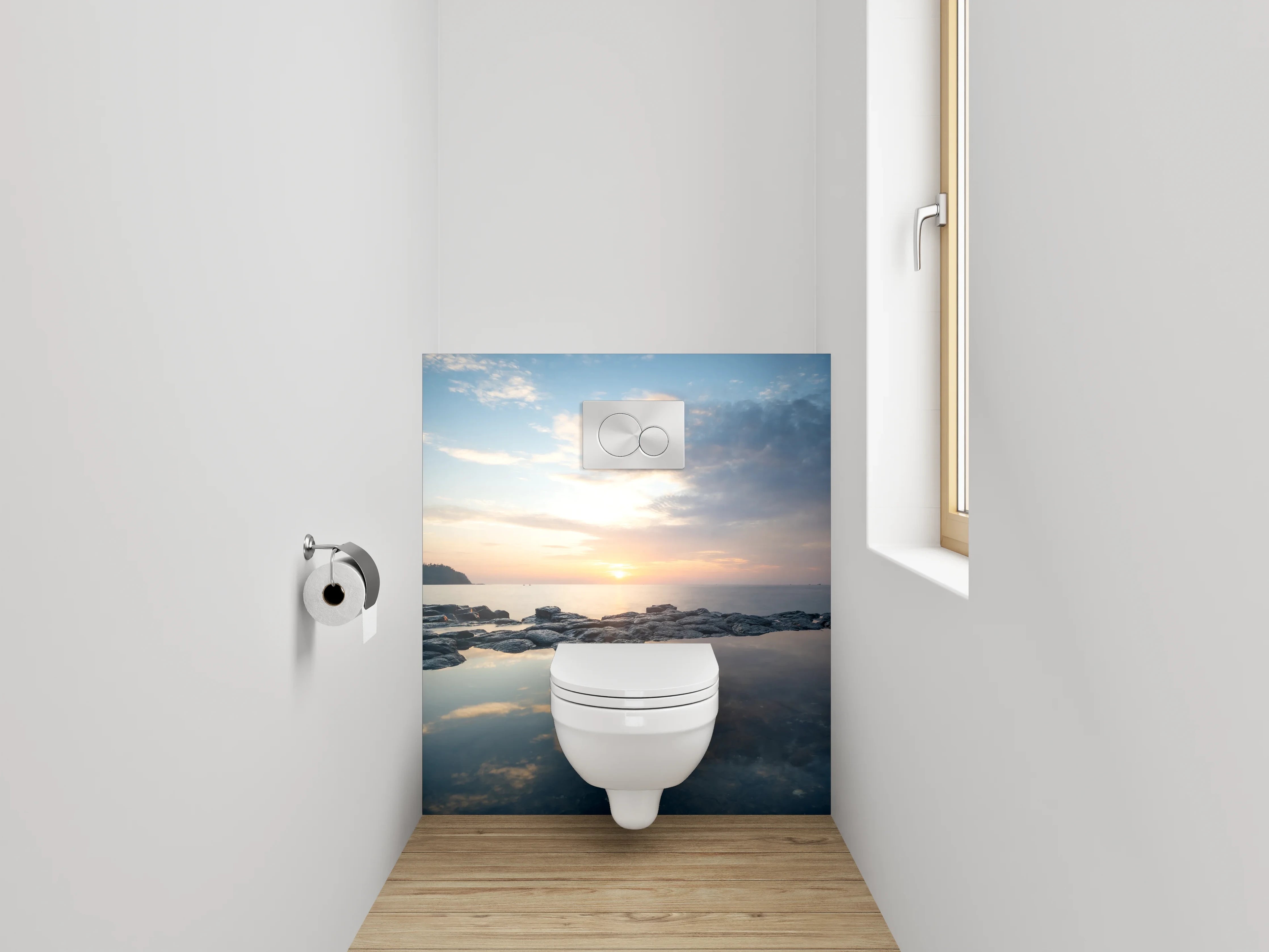 WC-Rückwand - Grauschimmer über stiller See