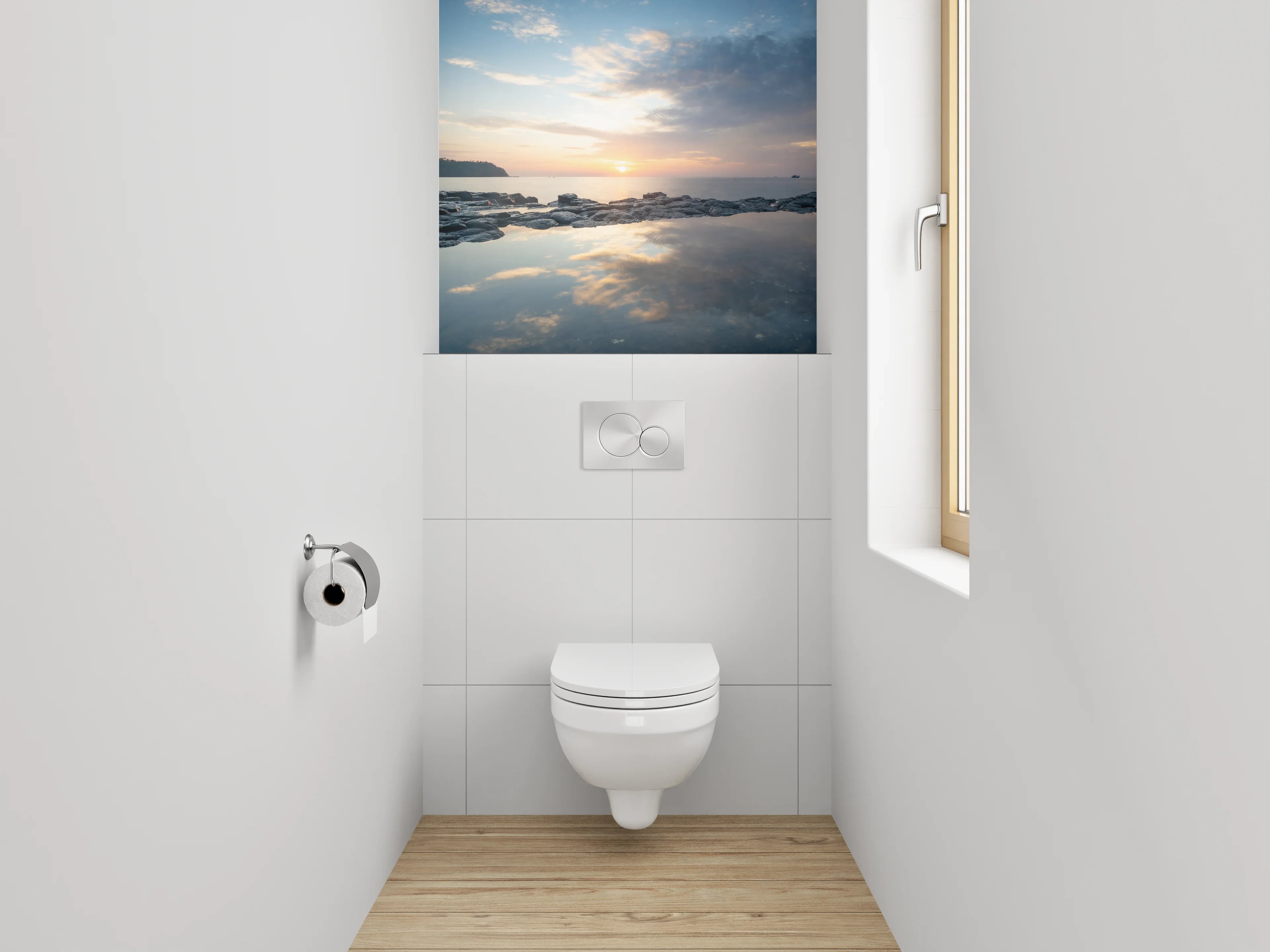 WC-Rückwand - Grauschimmer über stiller See