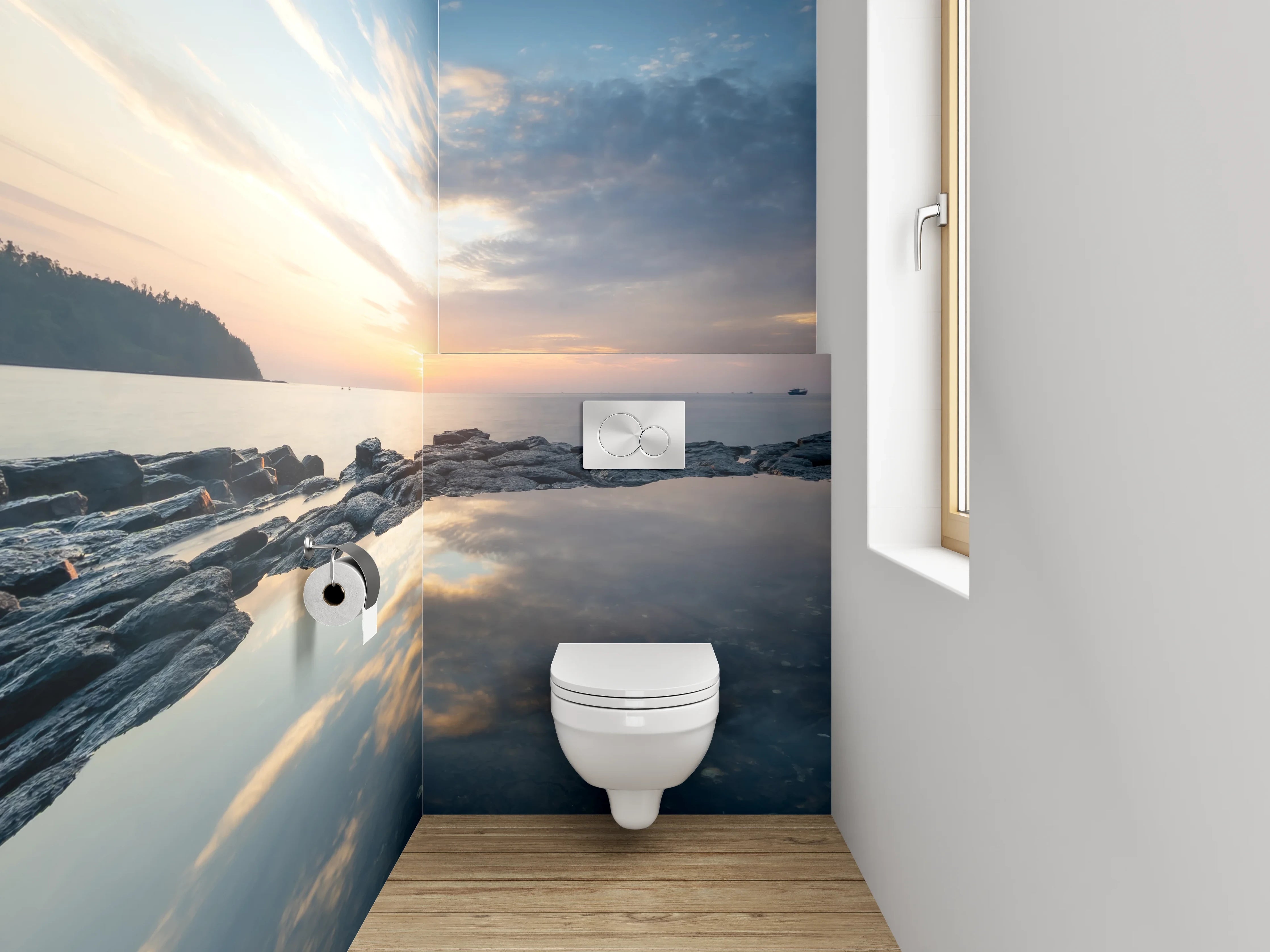 WC-Rückwand - Grauschimmer über stiller See