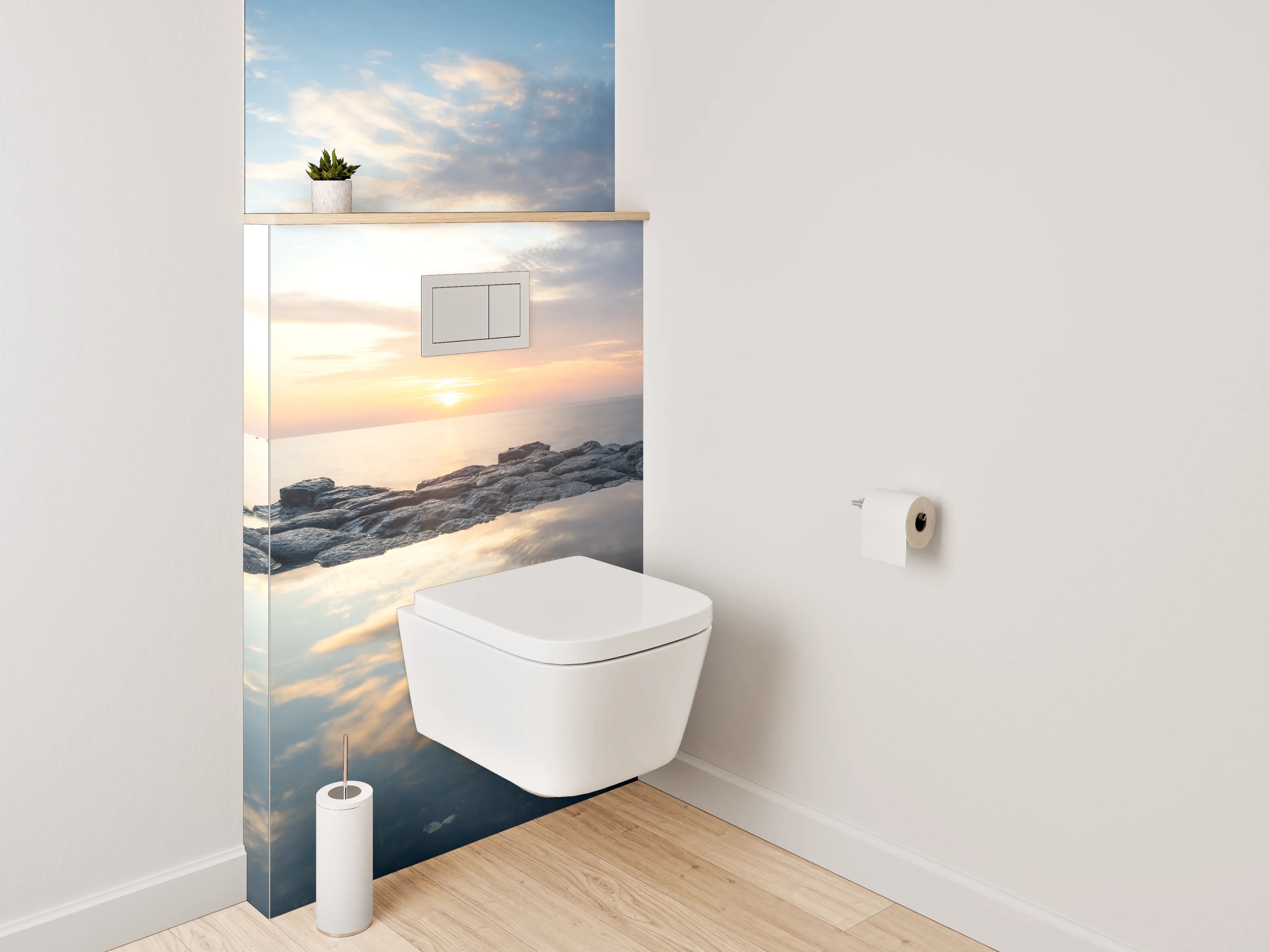 WC-Rückwand - Grauschimmer über stiller See