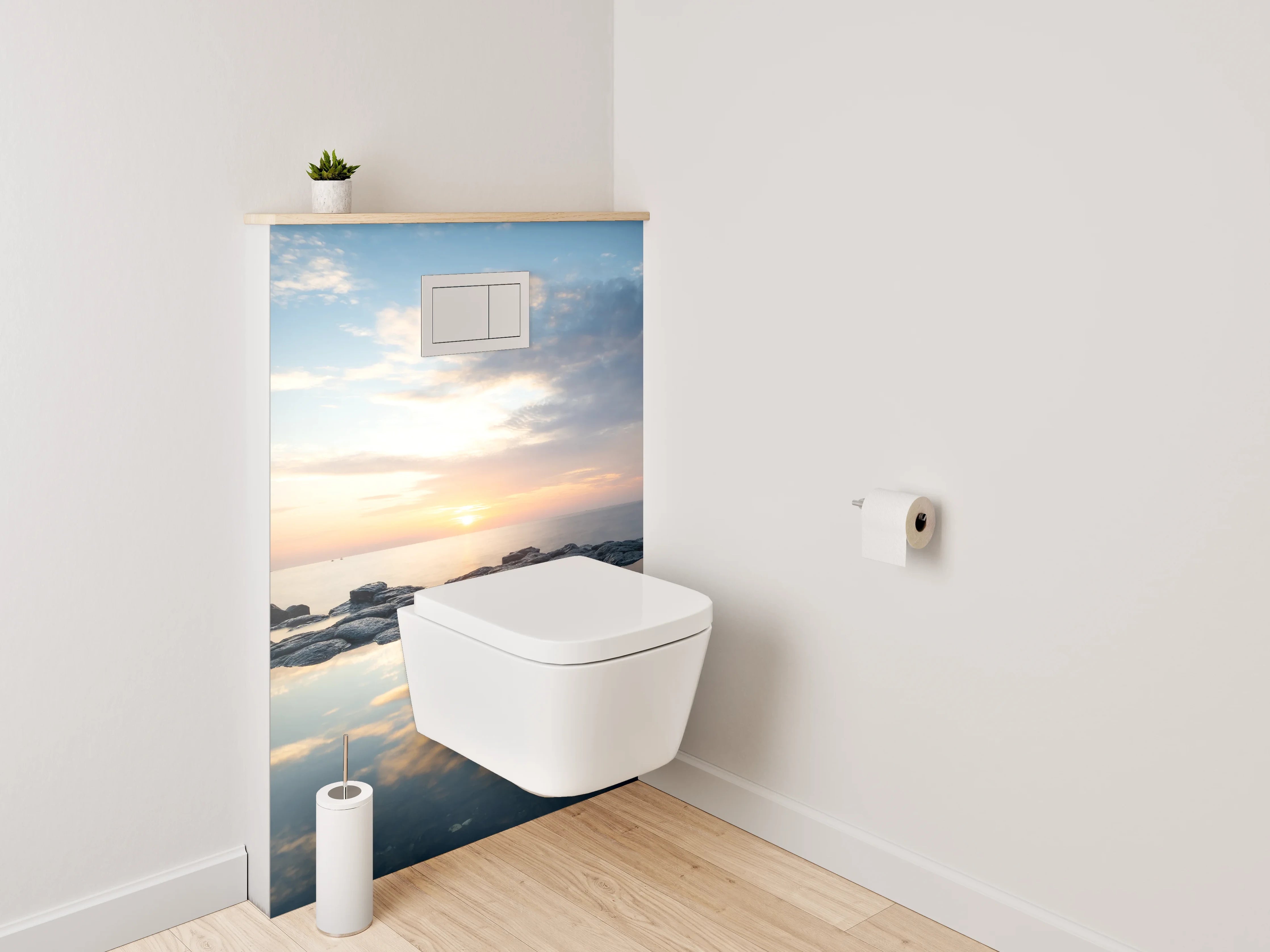 WC-Rückwand - Grauschimmer über stiller See