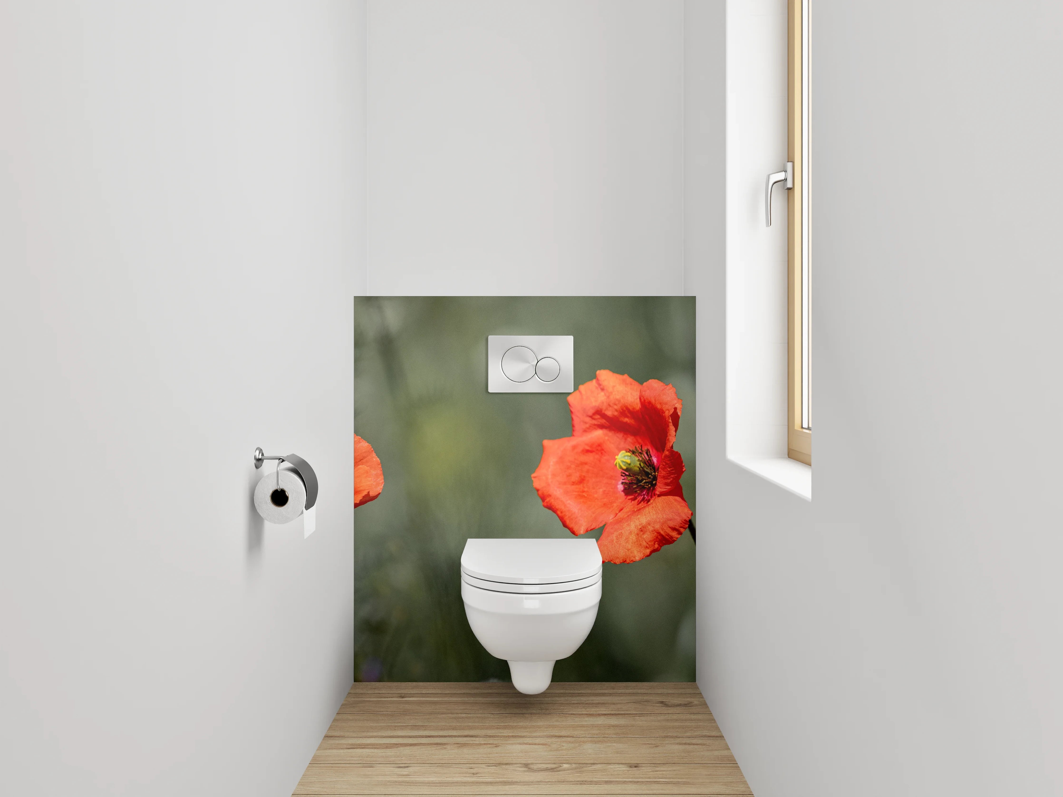 WC-Rückwand - Grauschimmer über weißen Blütenfeldern