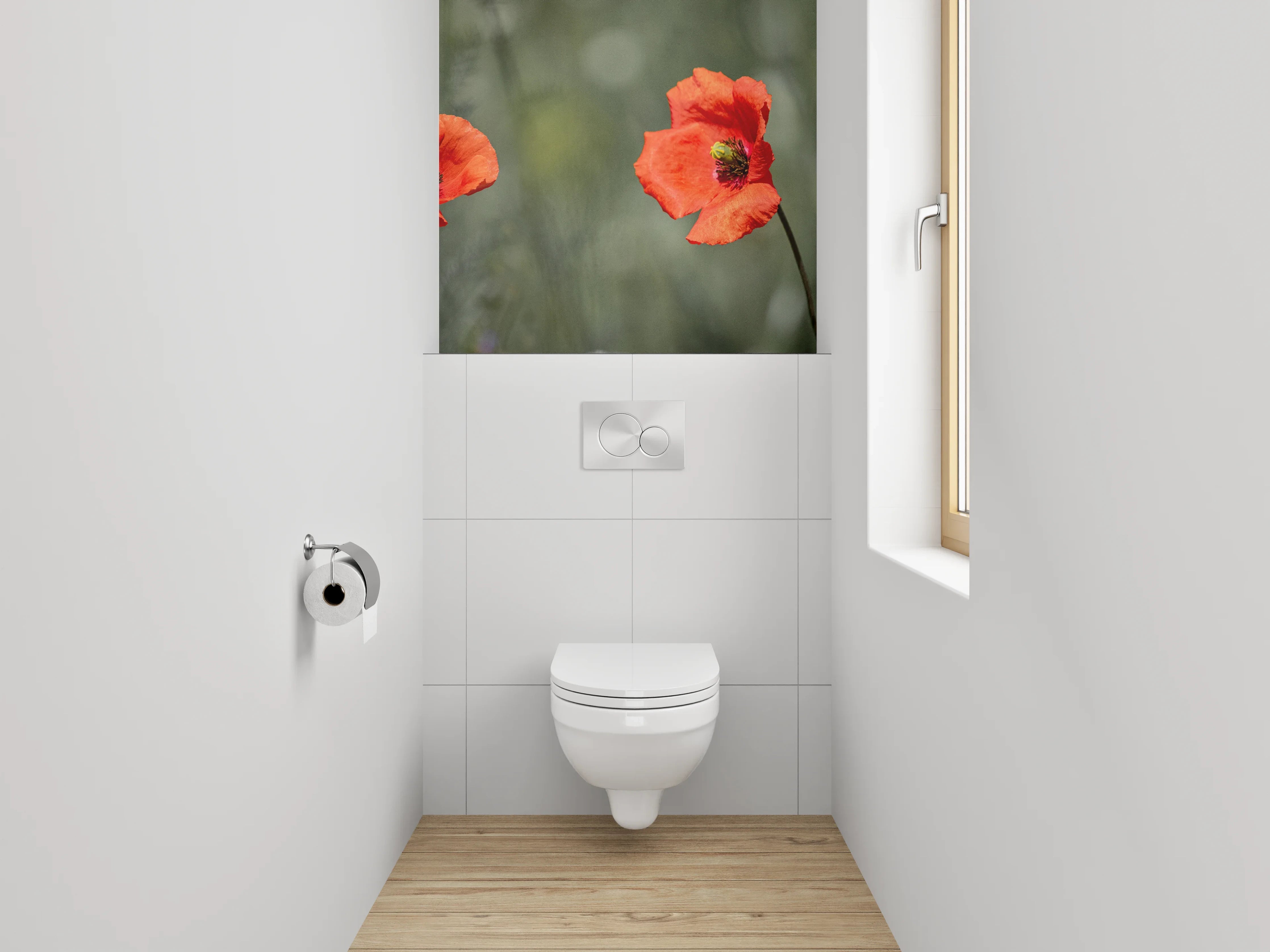 WC-Rückwand - Grauschimmer über weißen Blütenfeldern