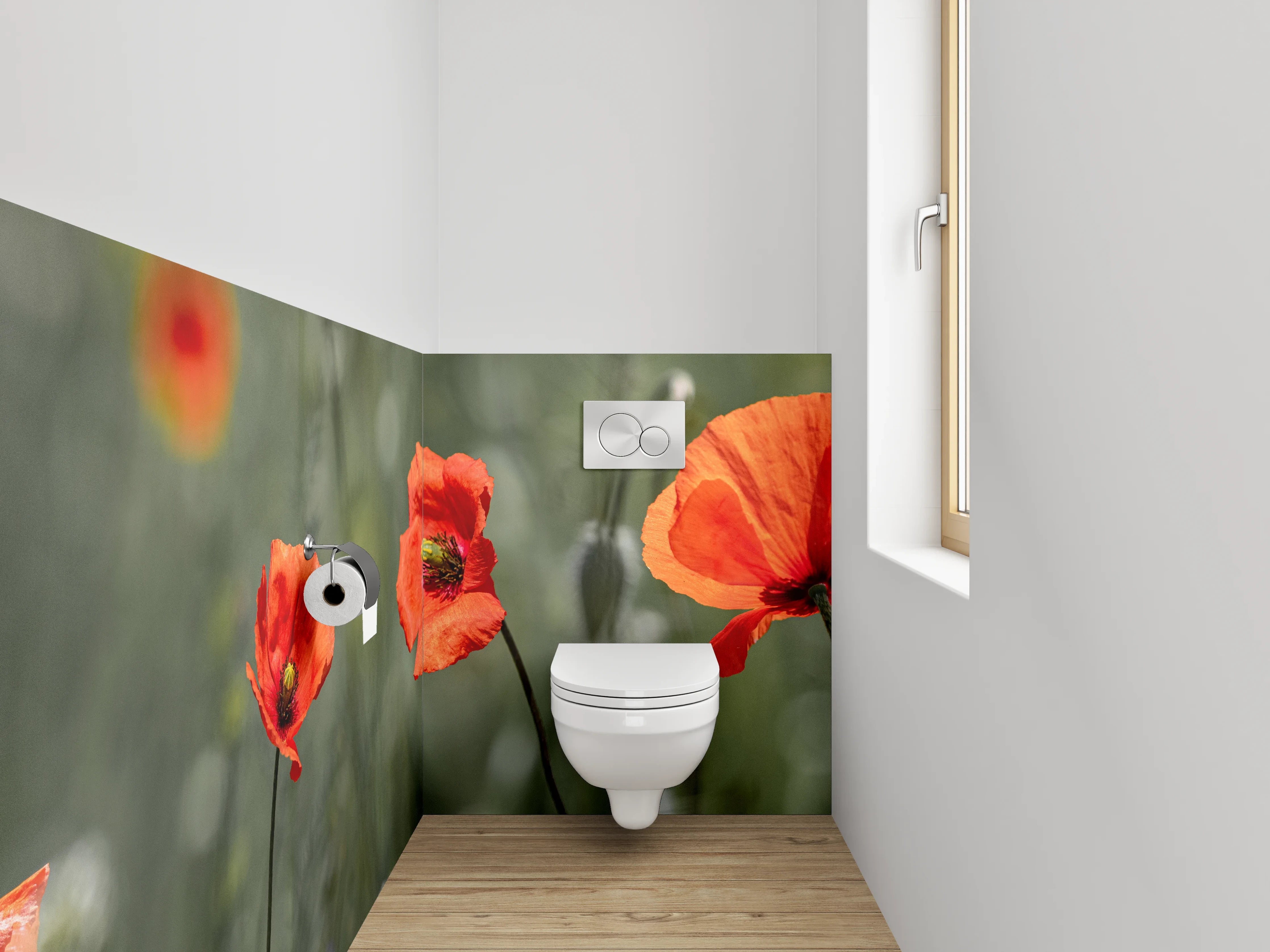 WC-Rückwand - Grauschimmer über weißen Blütenfeldern