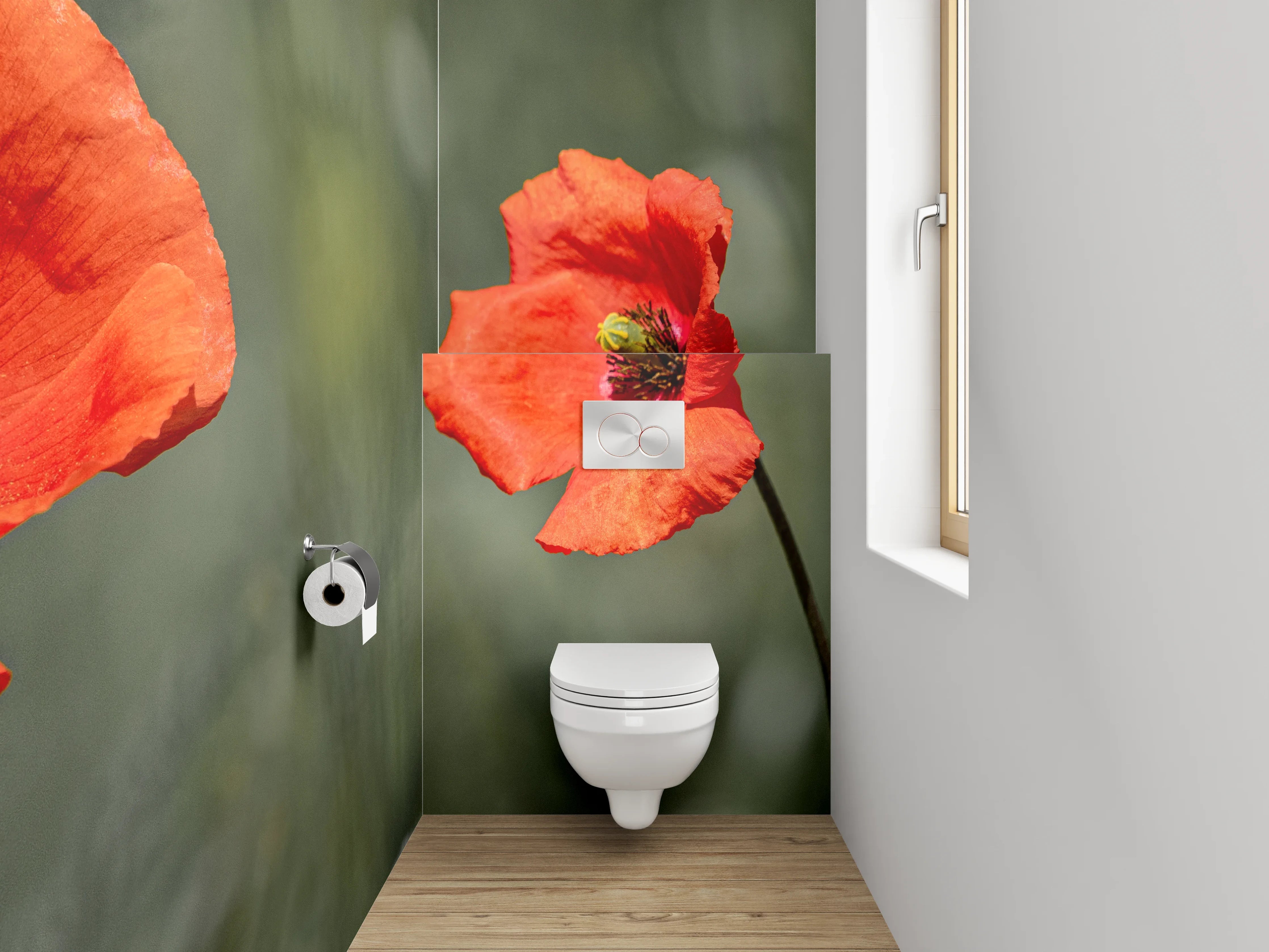 WC-Rückwand - Grauschimmer über weißen Blütenfeldern