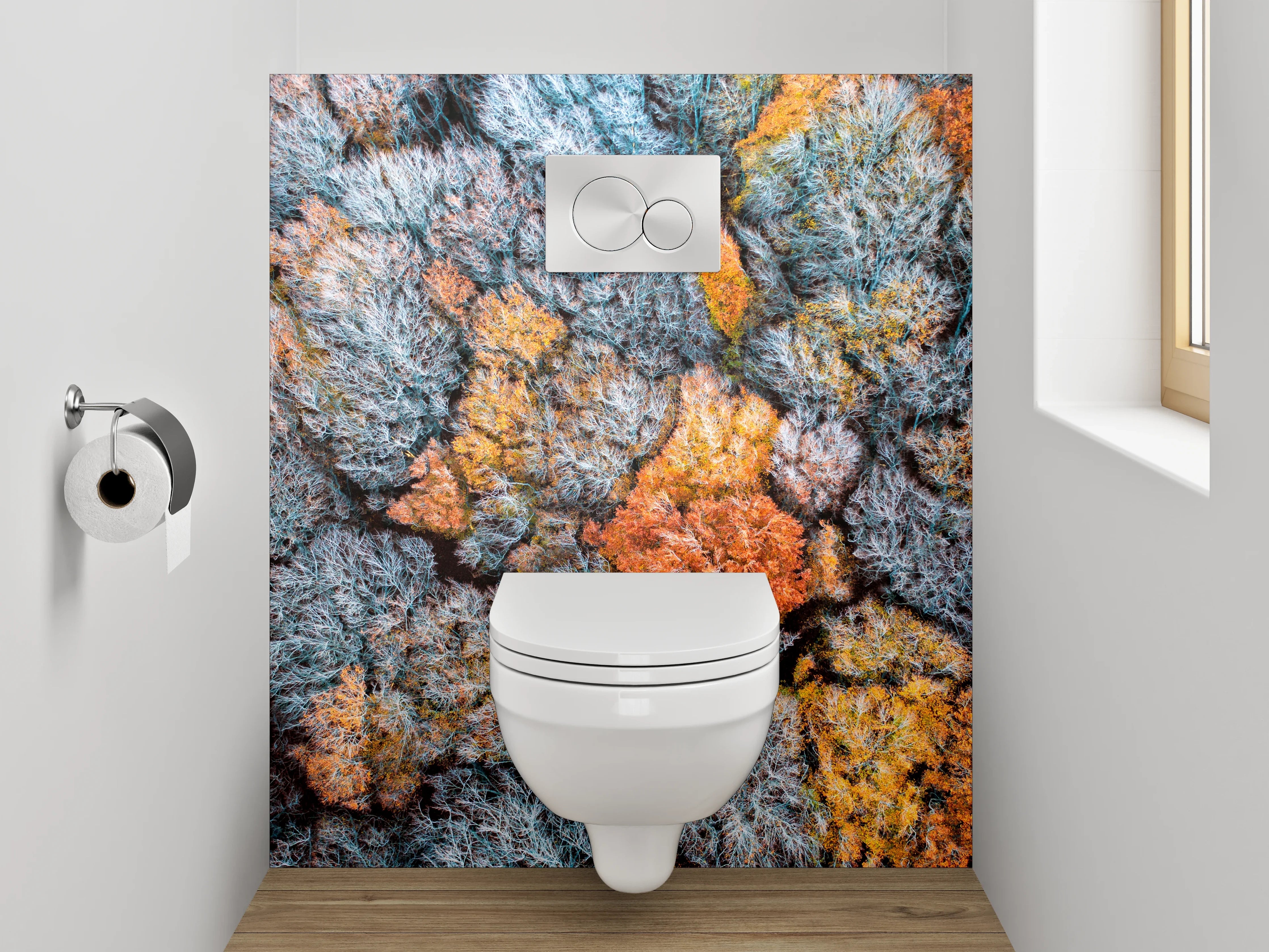 WC-Rückwand - Grauschimmer über weißen Herbstkronen