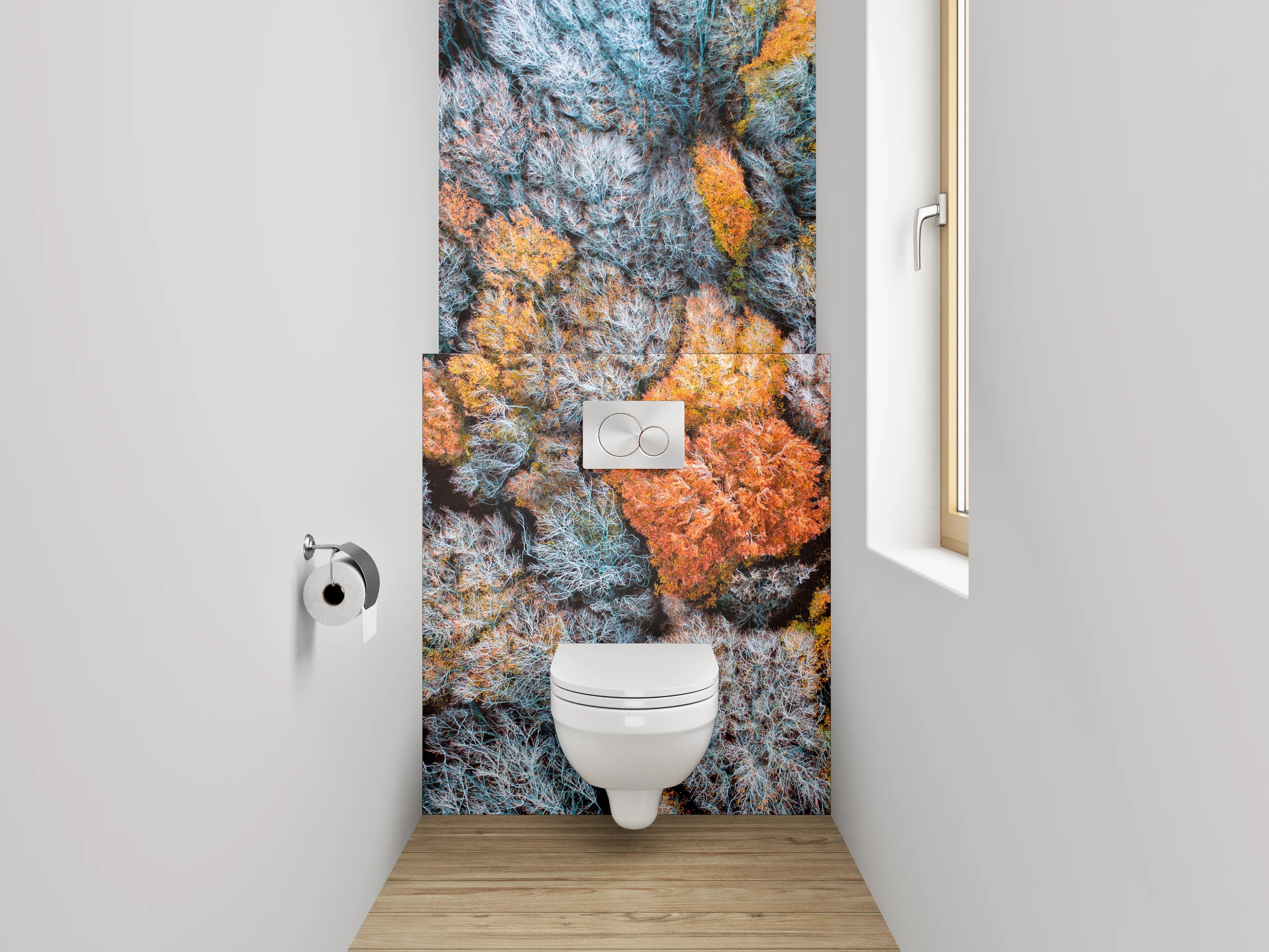 WC-Rückwand - Grauschimmer über weißen Herbstkronen