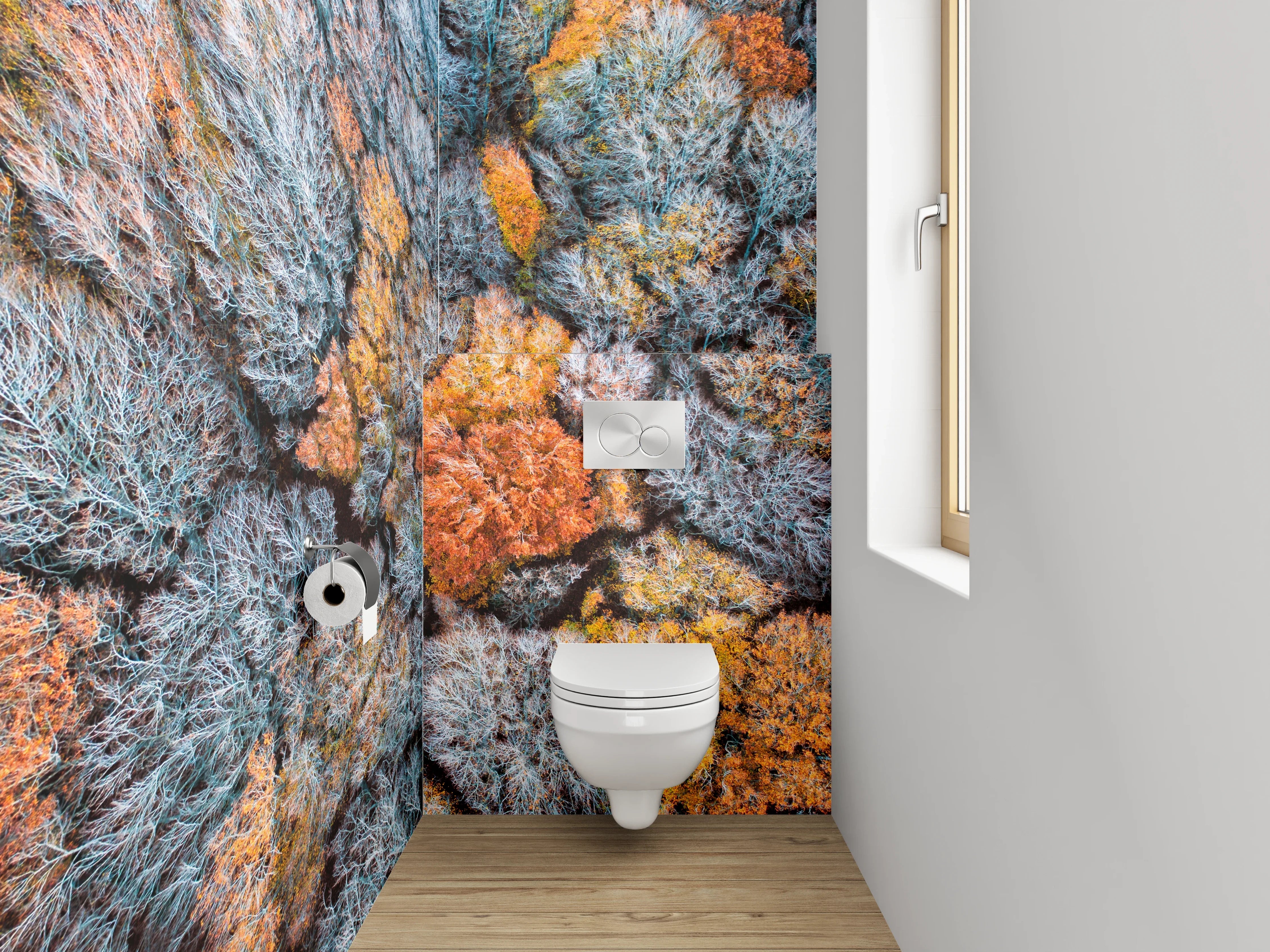 WC-Rückwand - Grauschimmer über weißen Herbstkronen