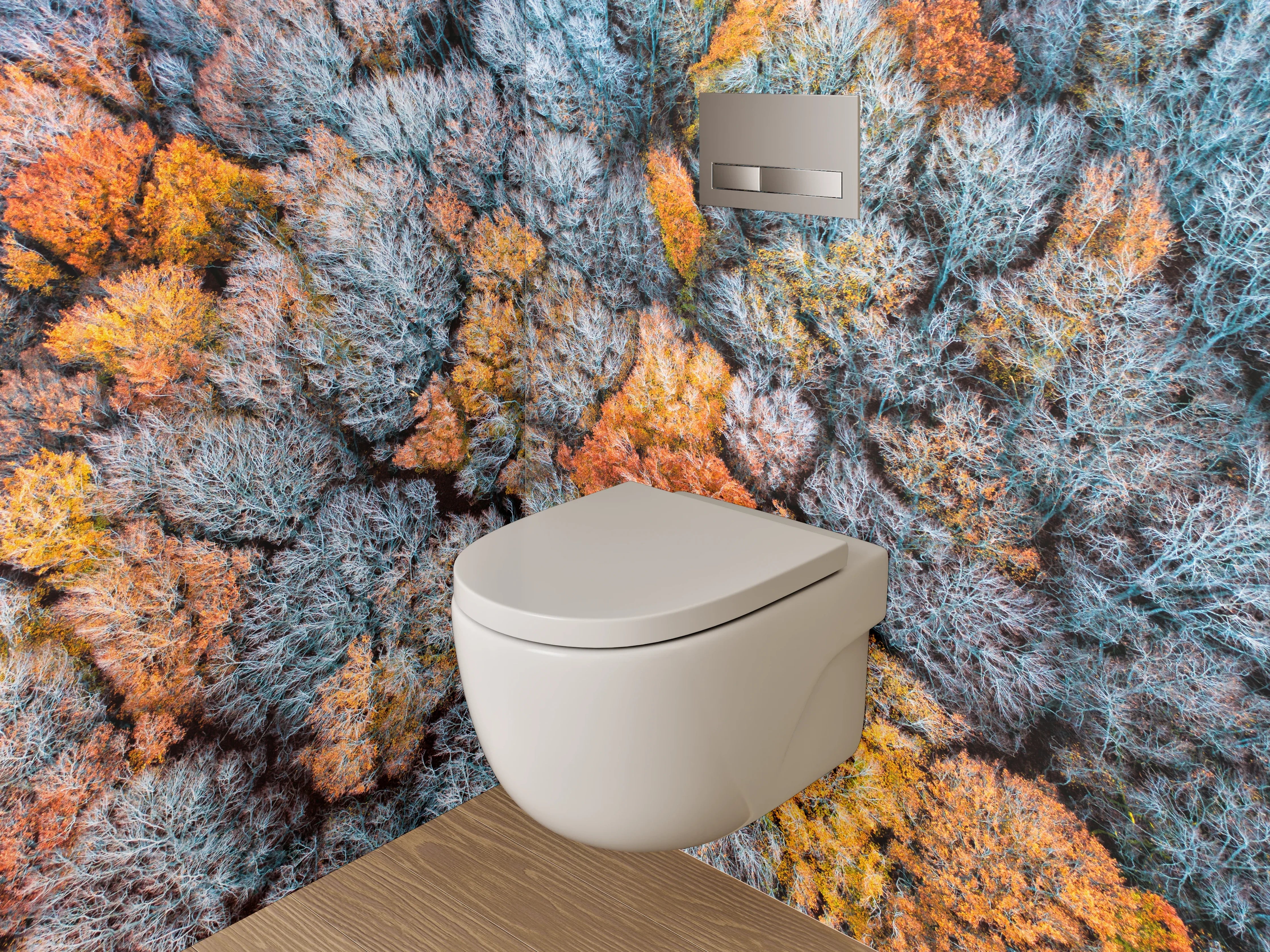 WC-Rückwand - Grauschimmer über weißen Herbstkronen