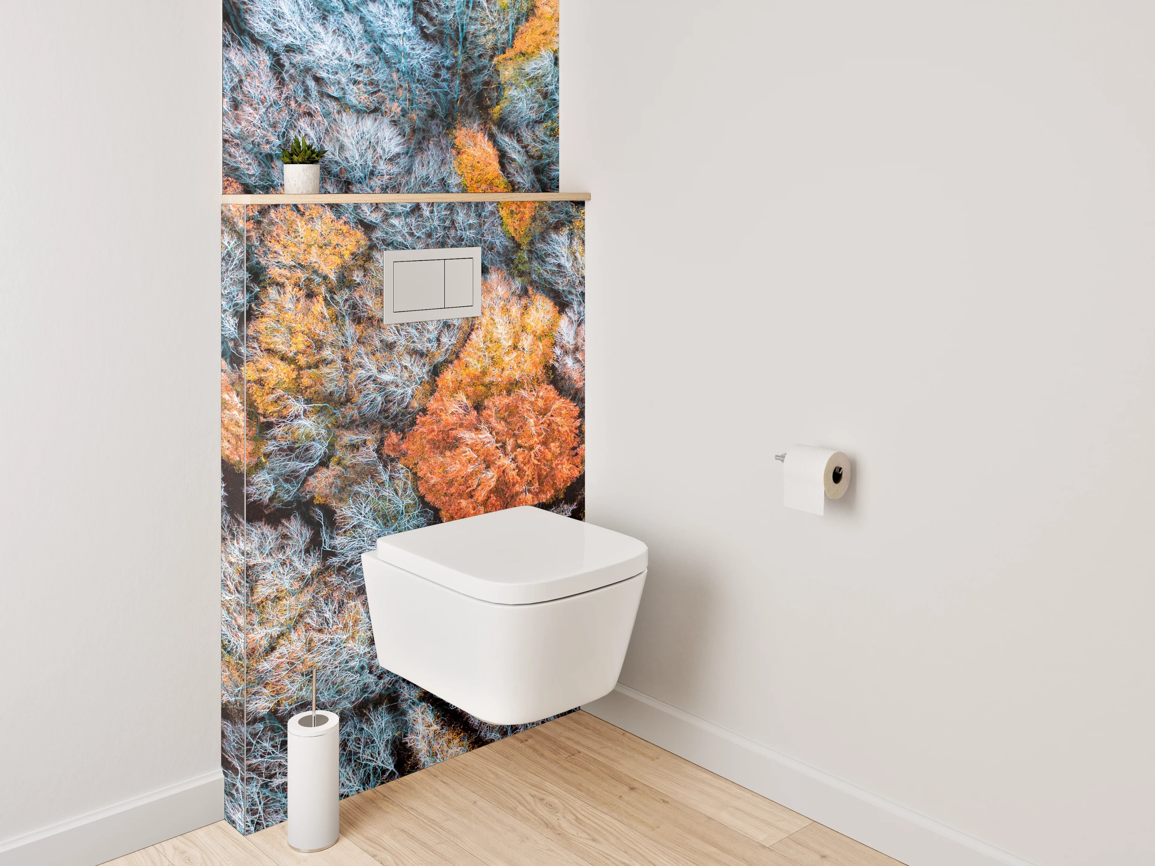 WC-Rückwand - Grauschimmer über weißen Herbstkronen
