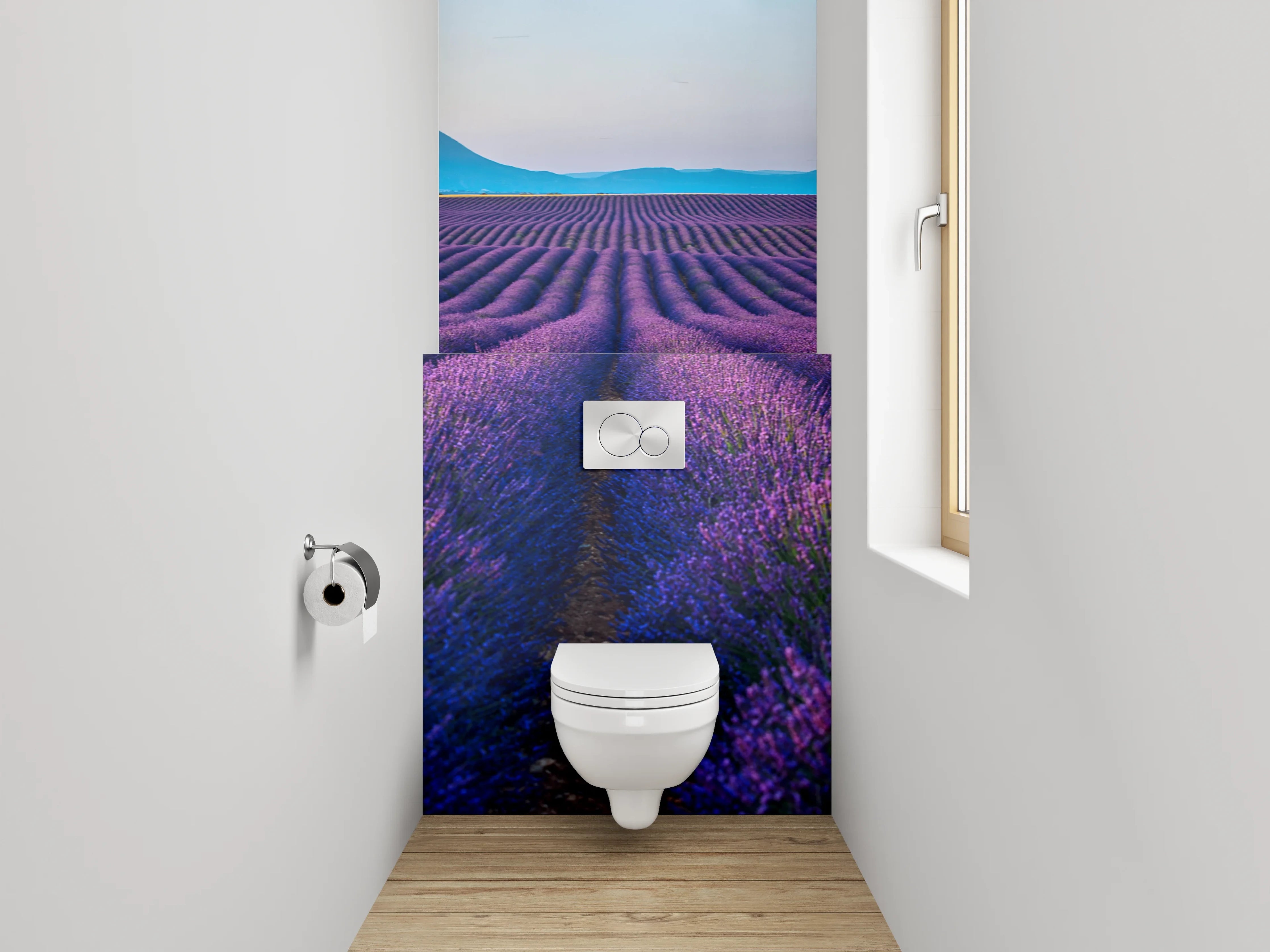 WC-Rückwand - Grauschimmer über weißen Lavendelzeilen