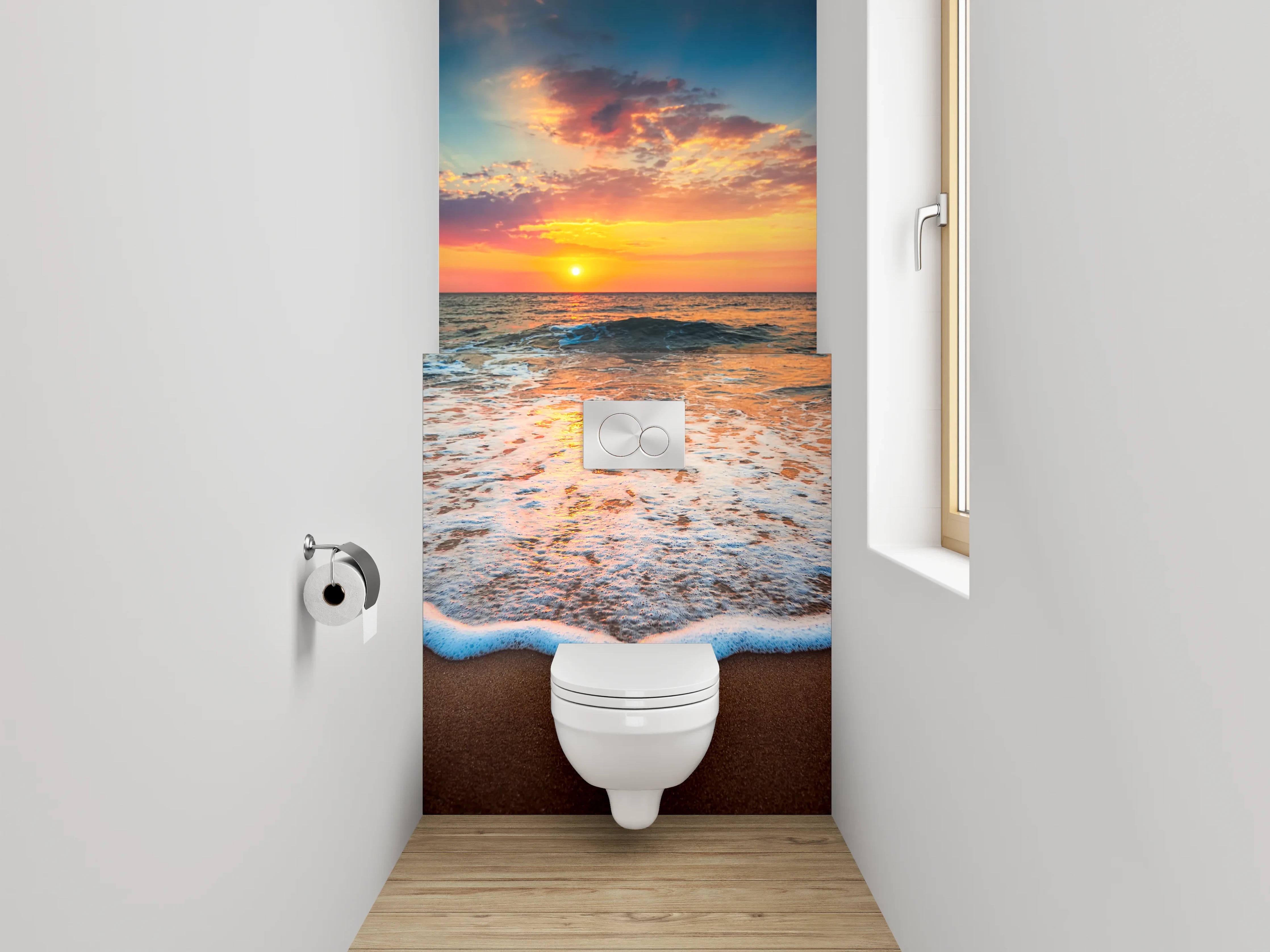 WC-Rückwand - Grauschimmer über weißen Meereswellen