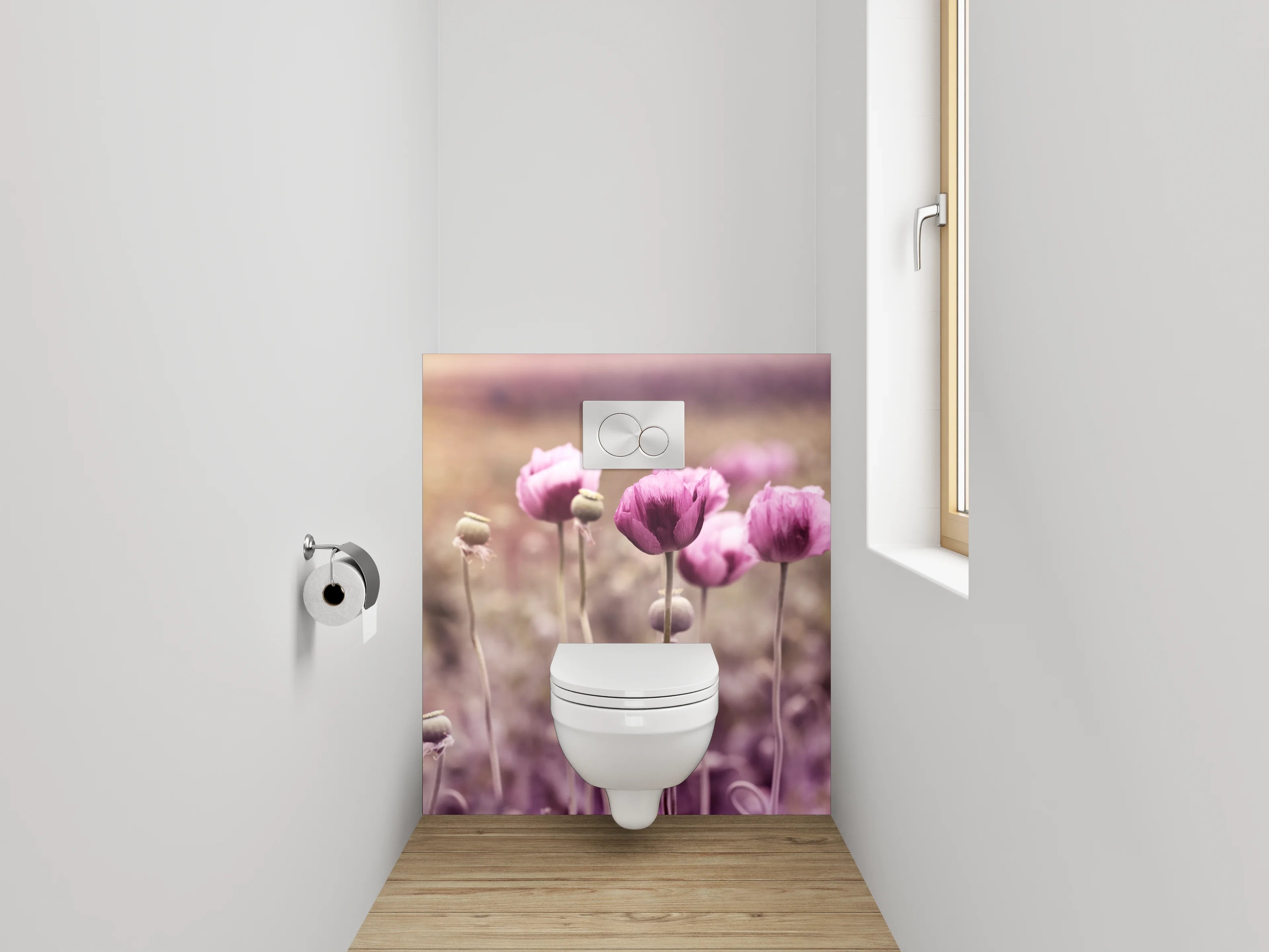 WC-Rückwand - Grauschimmer über weißen Mohnblüten