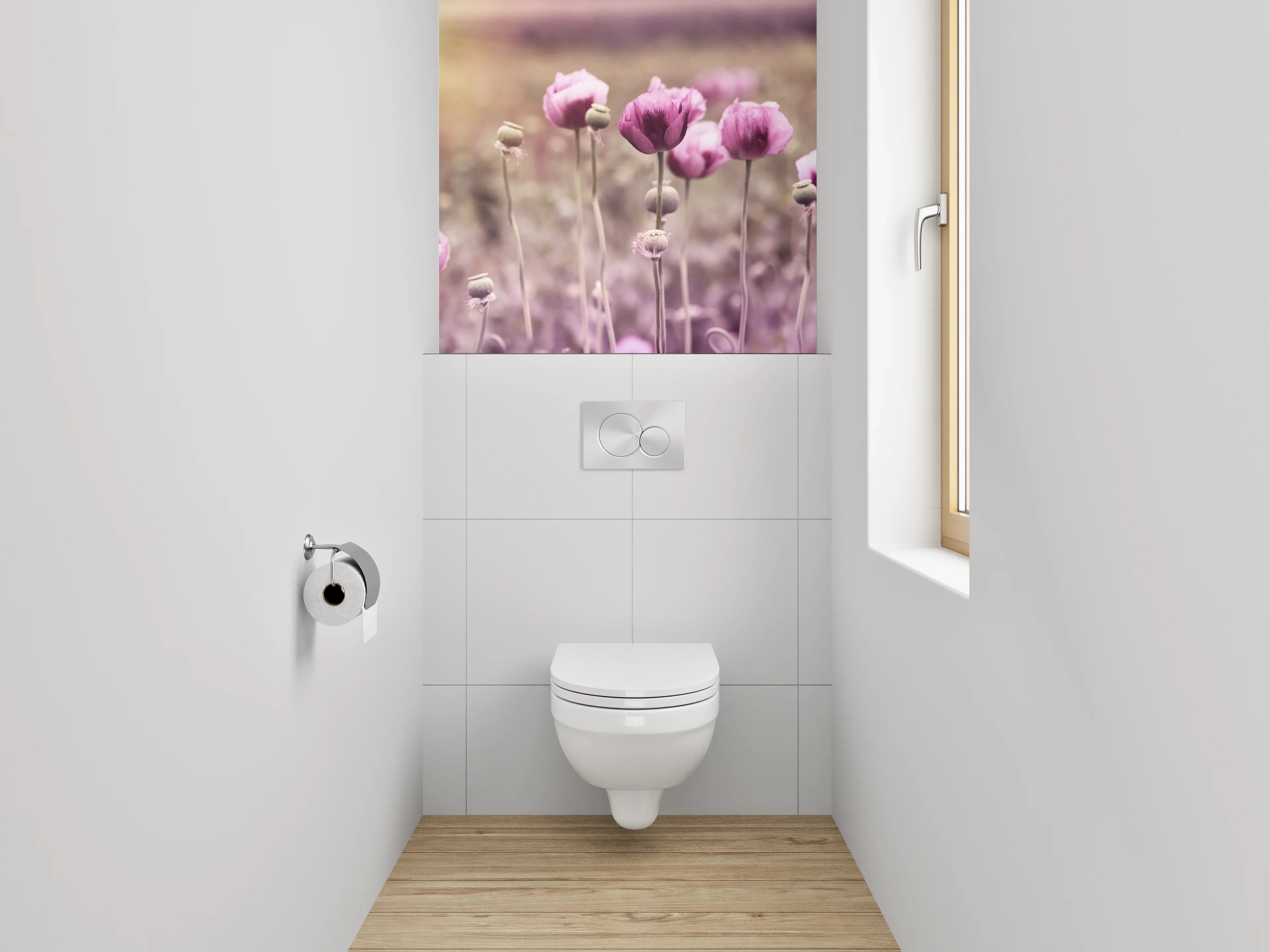 WC-Rückwand - Grauschimmer über weißen Mohnblüten