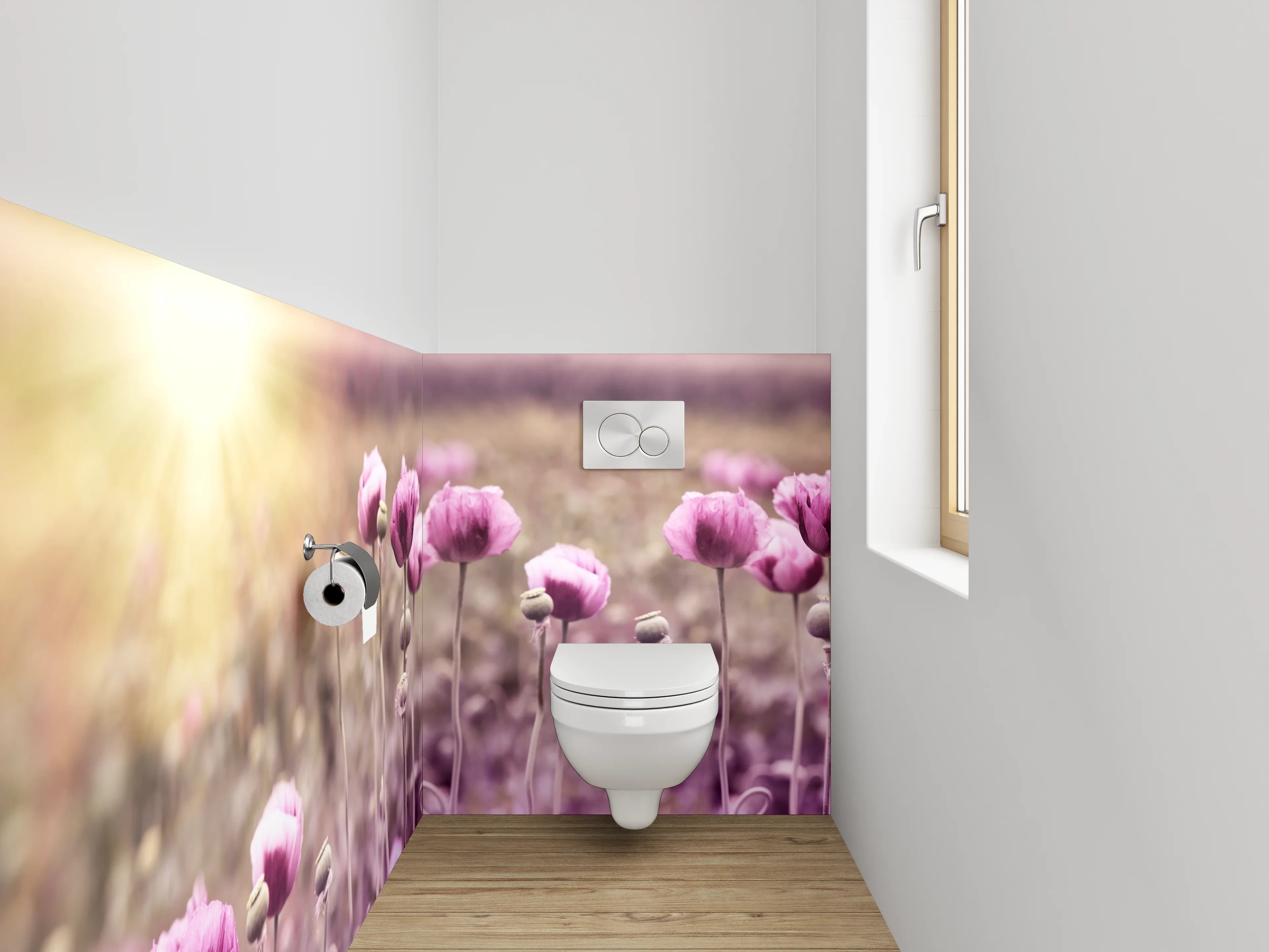 WC-Rückwand - Grauschimmer über weißen Mohnblüten