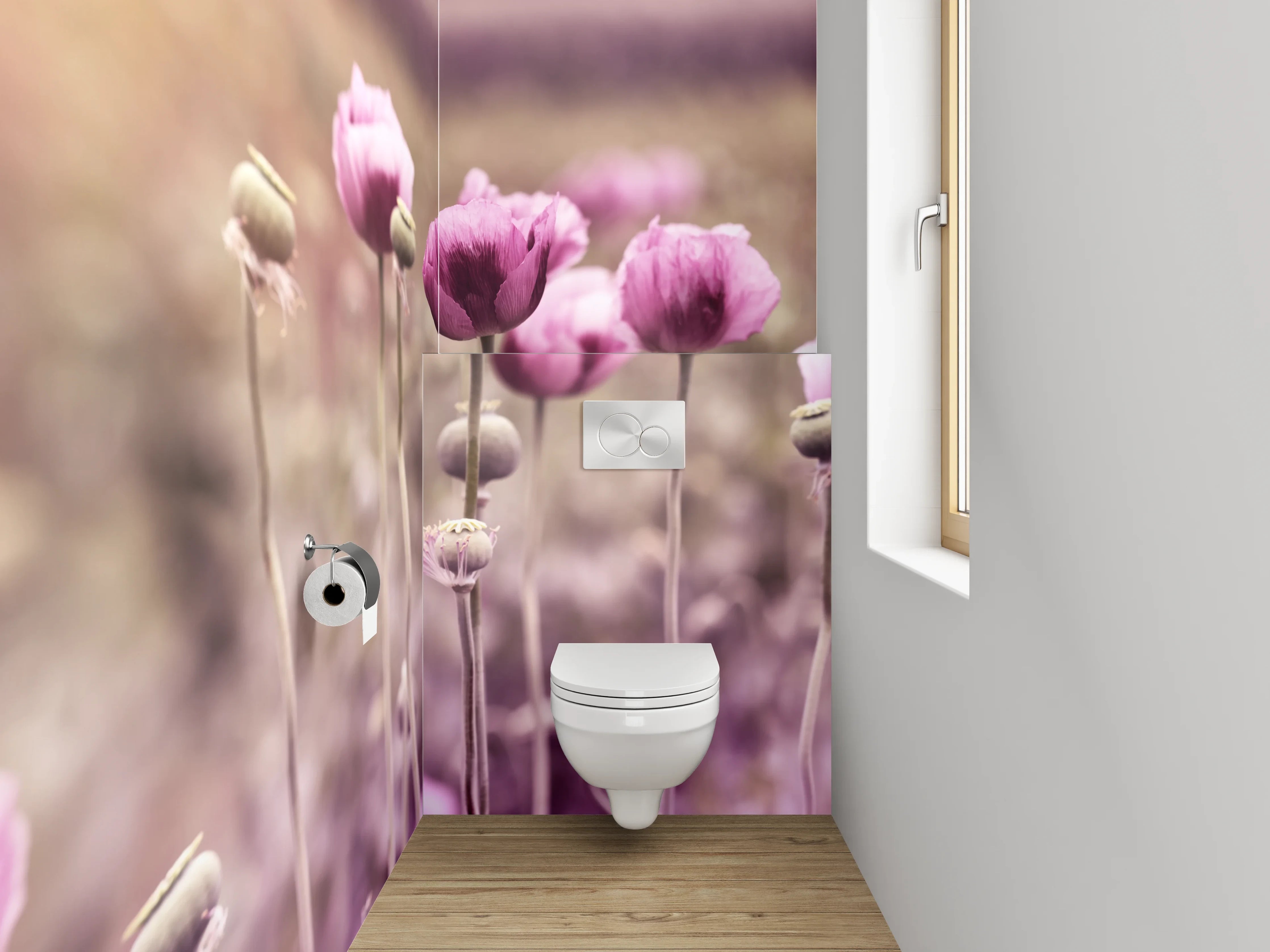 WC-Rückwand - Grauschimmer über weißen Mohnblüten