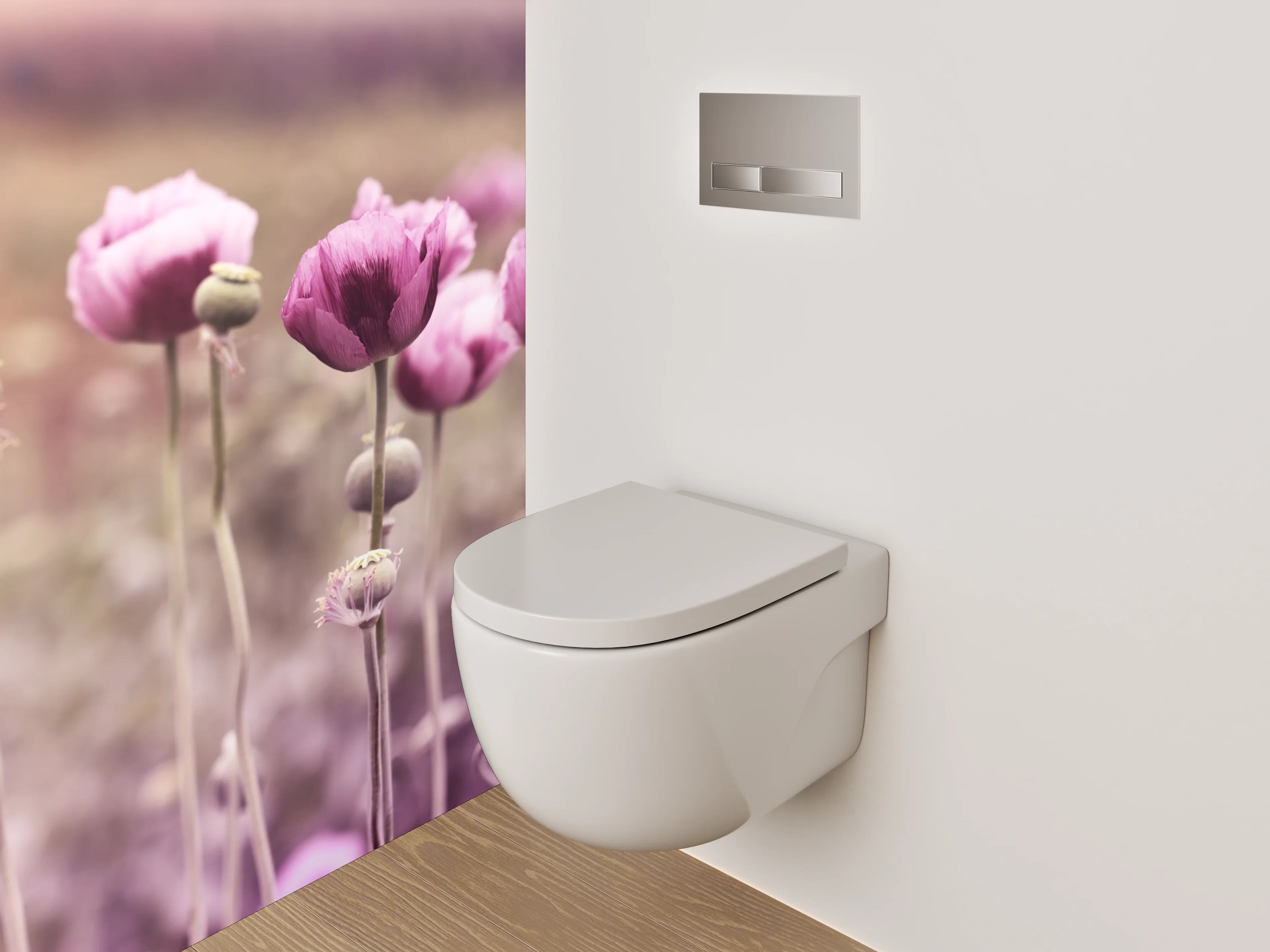 WC-Rückwand - Grauschimmer über weißen Mohnblüten