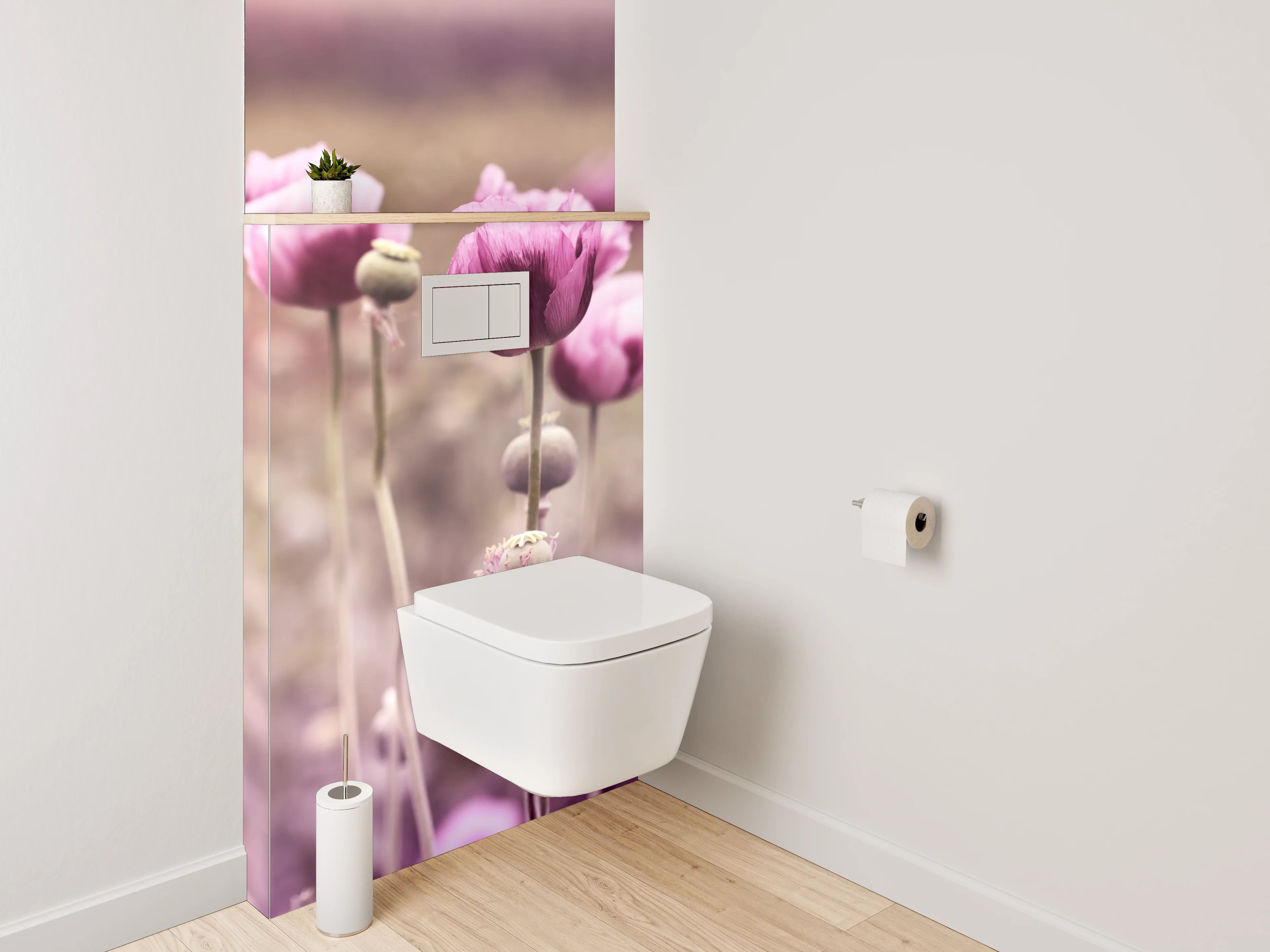 WC-Rückwand - Grauschimmer über weißen Mohnblüten