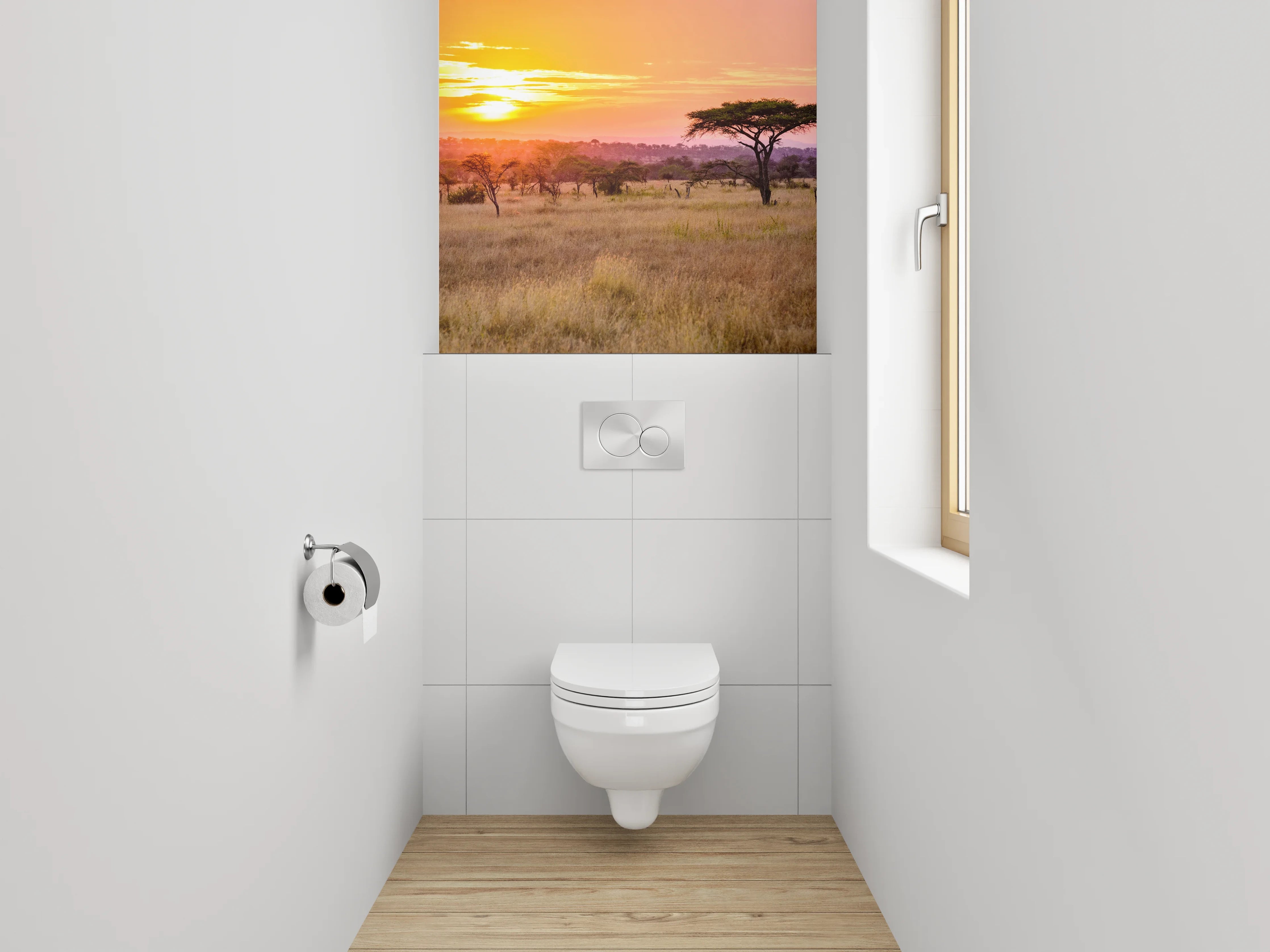 WC-Rückwand - Grauschimmer über weißer Steppe