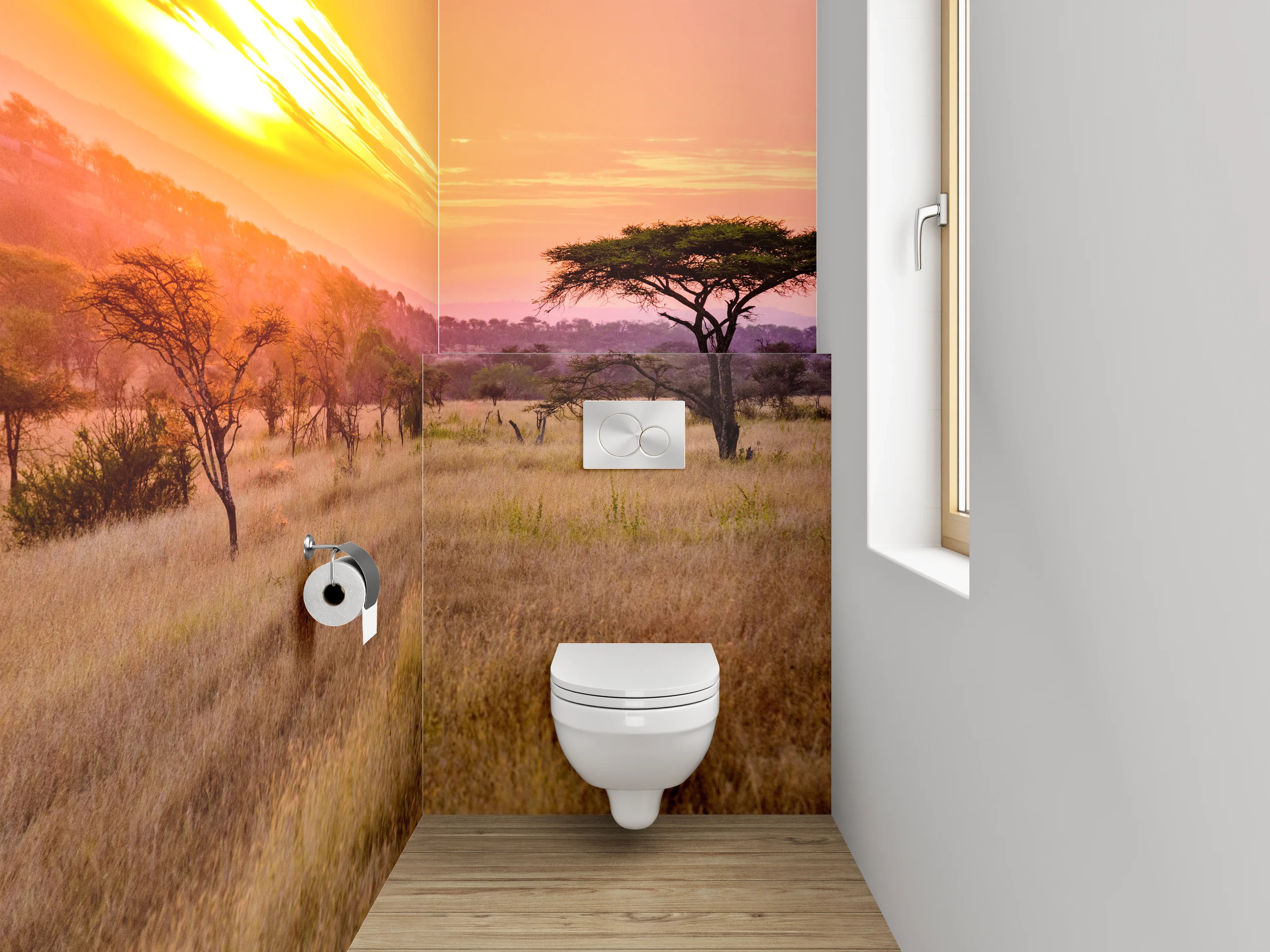 WC-Rückwand - Grauschimmer über weißer Steppe