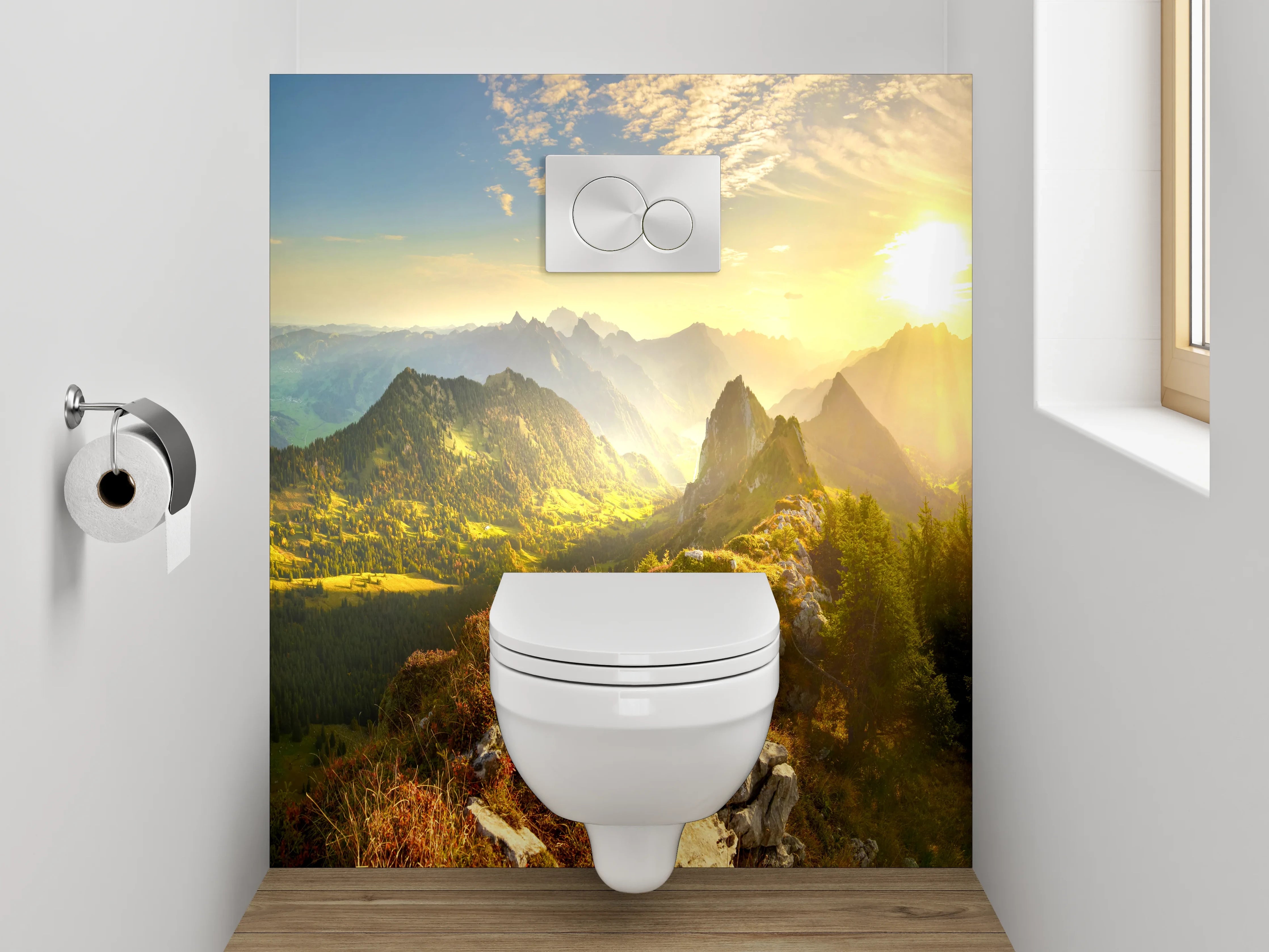WC-Rückwand - Grauschimmernde Alpen im Morgenglühen