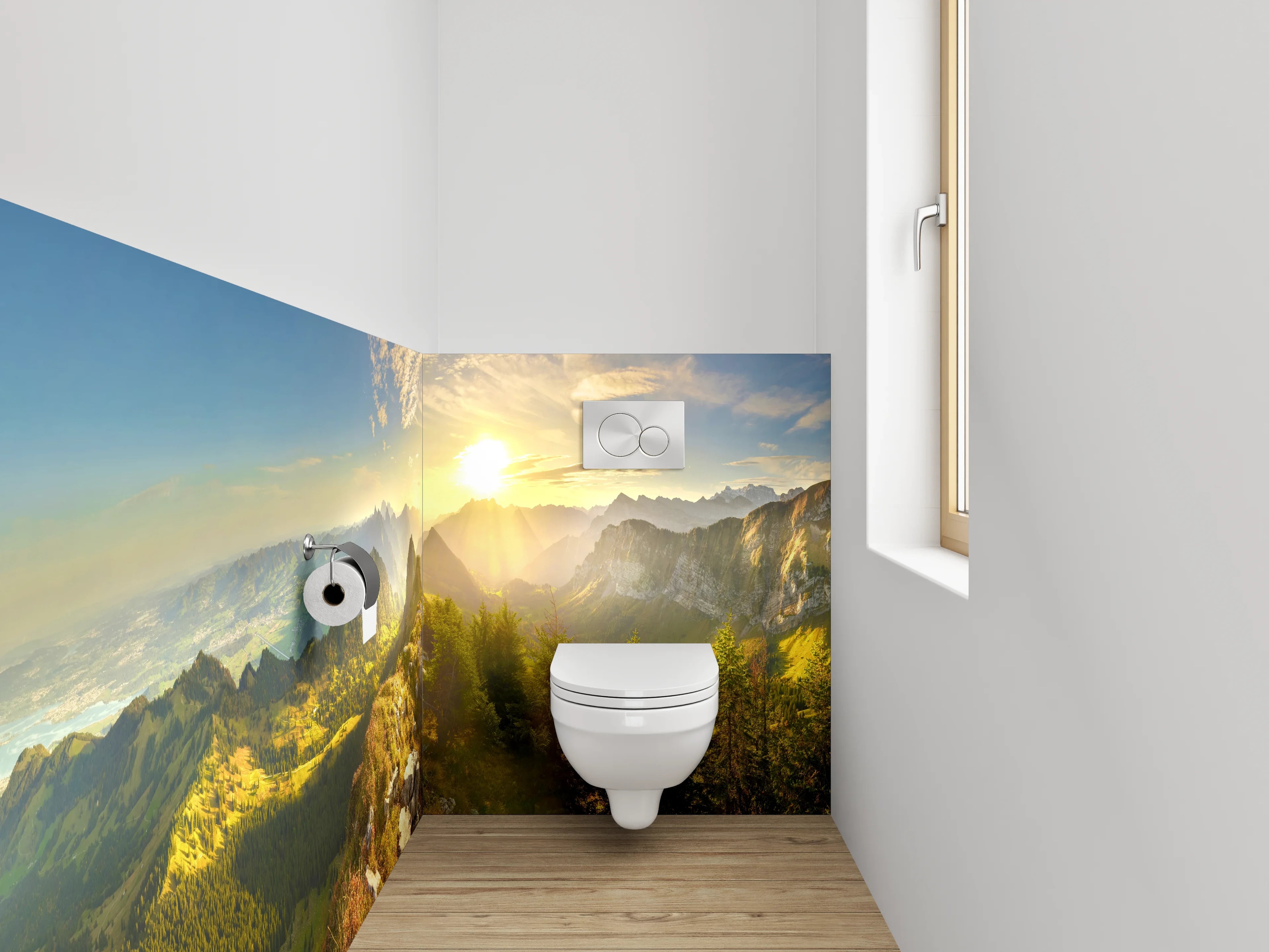WC-Rückwand - Grauschimmernde Alpen im Morgenglühen