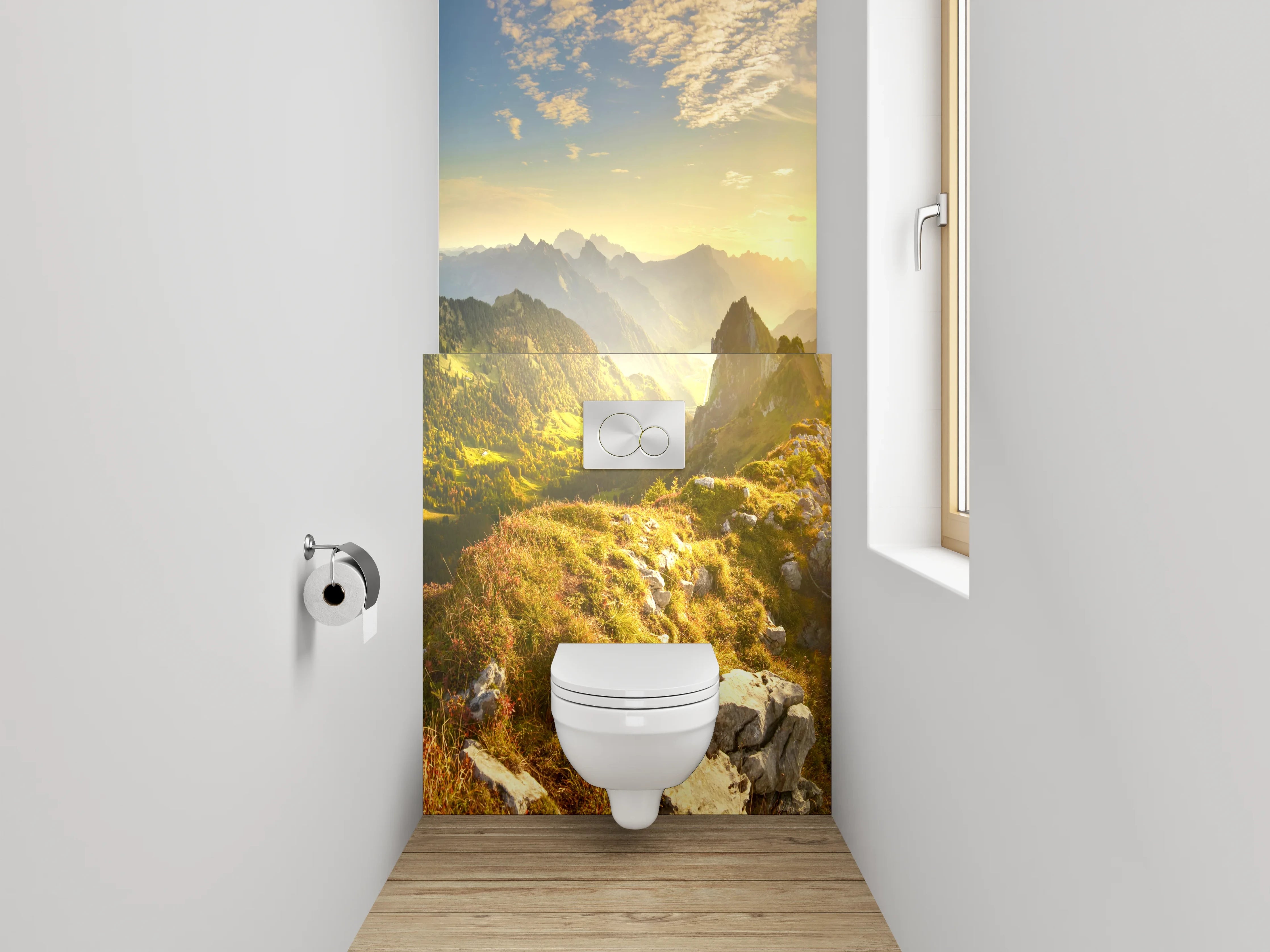 WC-Rückwand - Grauschimmernde Alpen im Morgenglühen