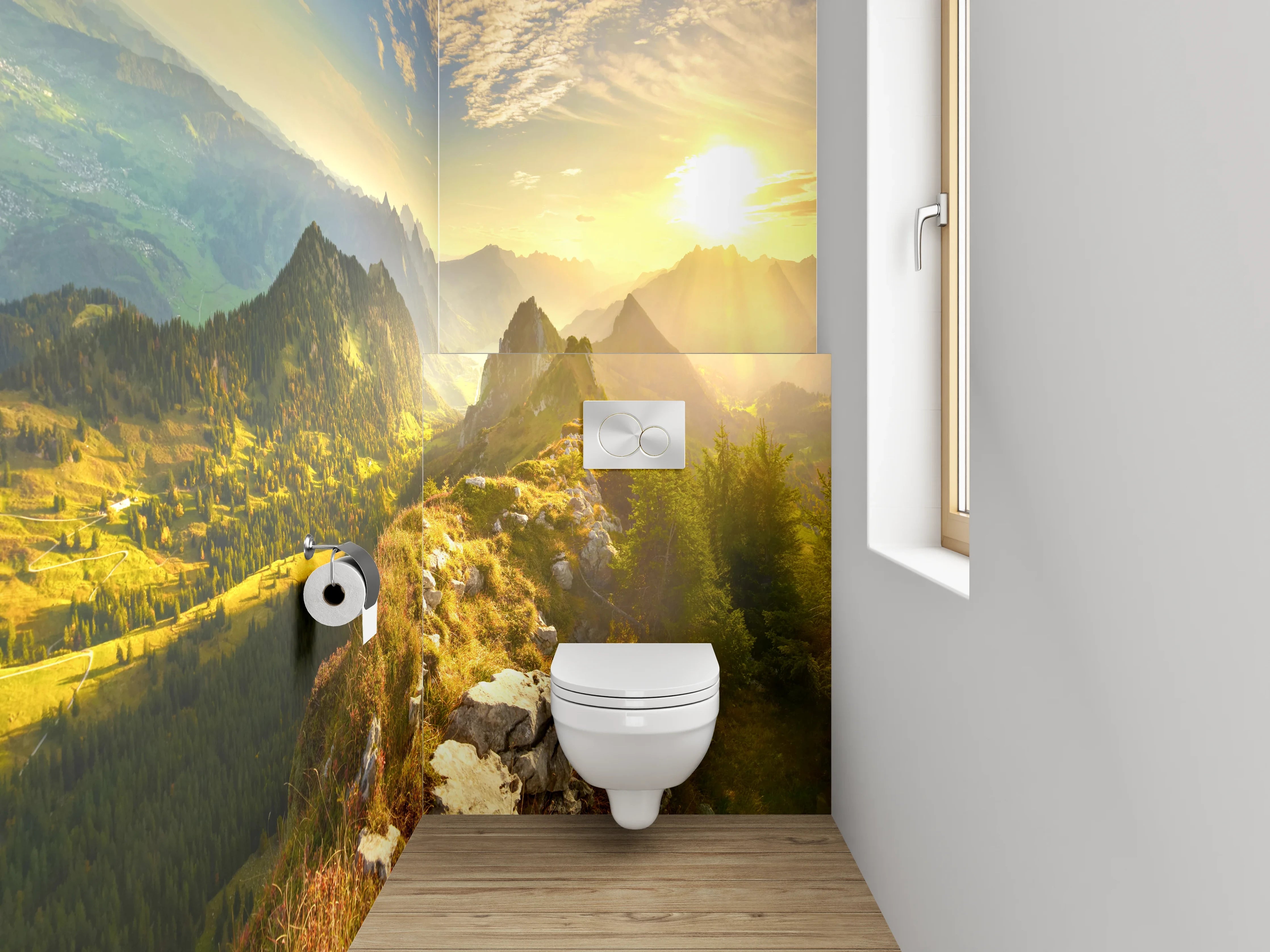 WC-Rückwand - Grauschimmernde Alpen im Morgenglühen